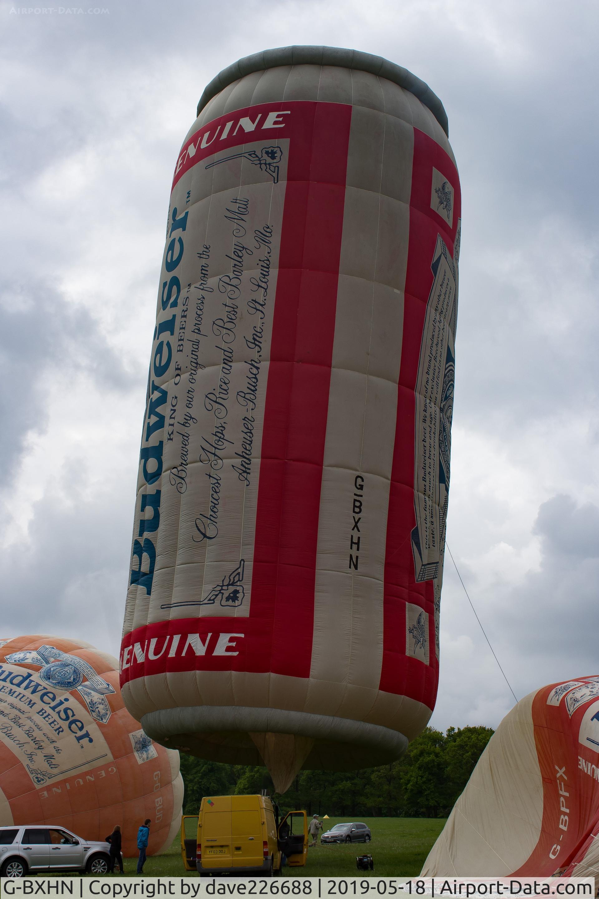 G-BXHN, 1997 Lindstrand Balloons Ltd LBL POP CAN C/N 465, a special inflation of 7 Bud themed balloons including G BXHN at the midlands Air festival 2019