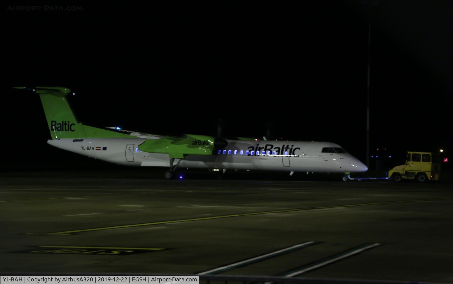 YL-BAH, 2010 De Havilland Canada DHC-8-402Q Dash 8 C/N 4296, Push back from stand following emerging in the current livery following a repaint at Norwich