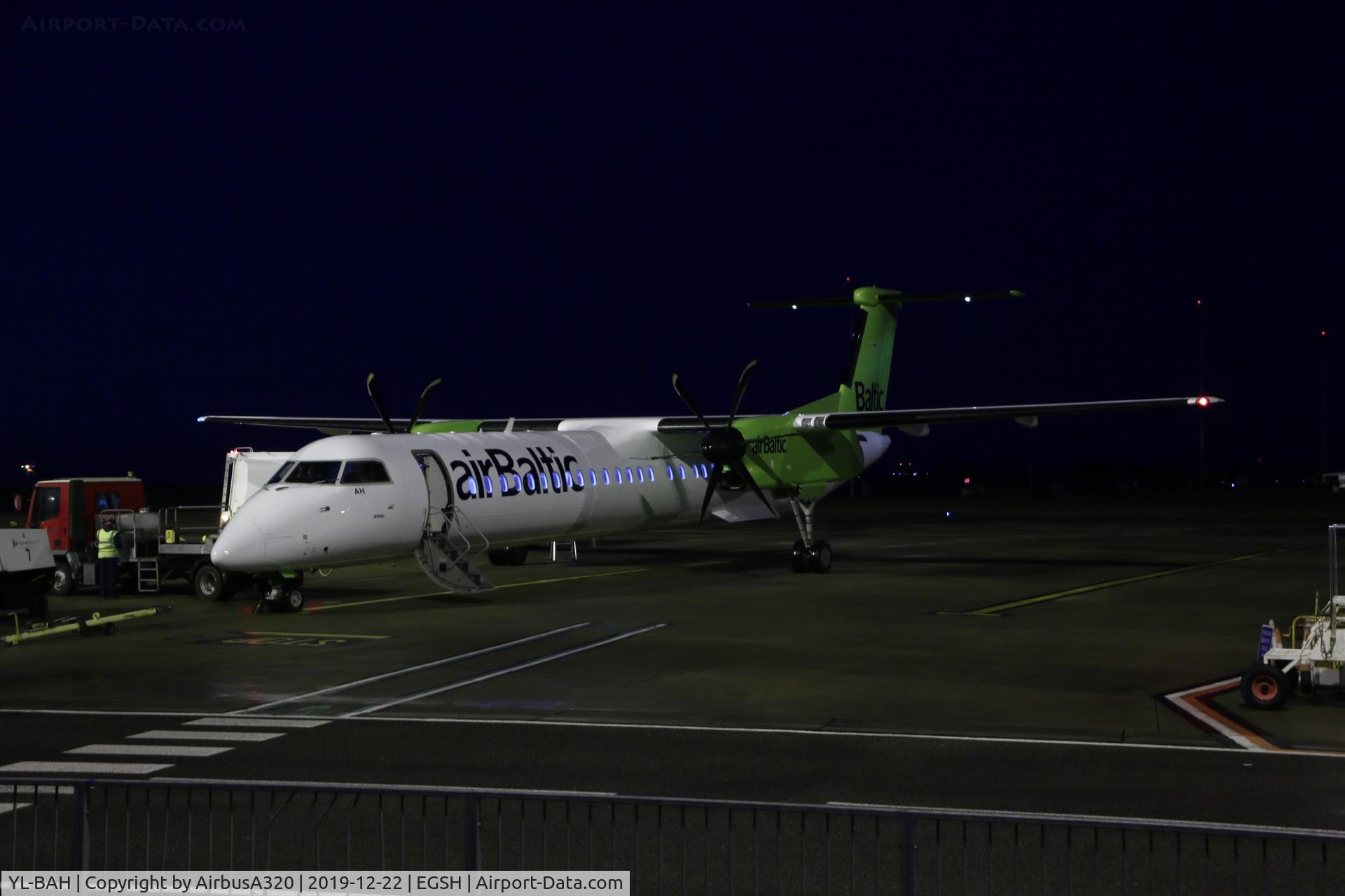 YL-BAH, 2010 De Havilland Canada DHC-8-402Q Dash 8 C/N 4296, Seen on stand at Norwich, had only just emerged from the paint shop following a repaint into the current livery