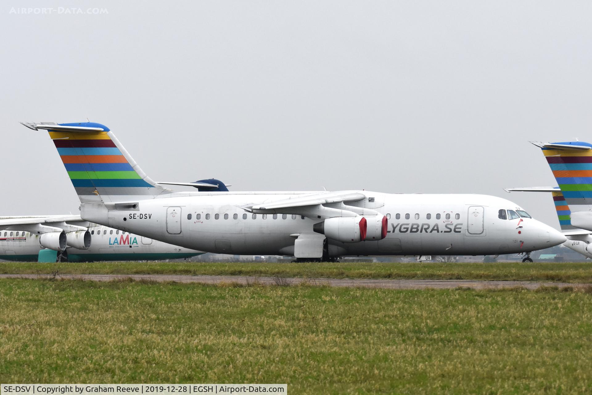 SE-DSV, 1994 British Aerospace Avro 146-RJ100A C/N E3250, Parked at Norwich in the storage area.