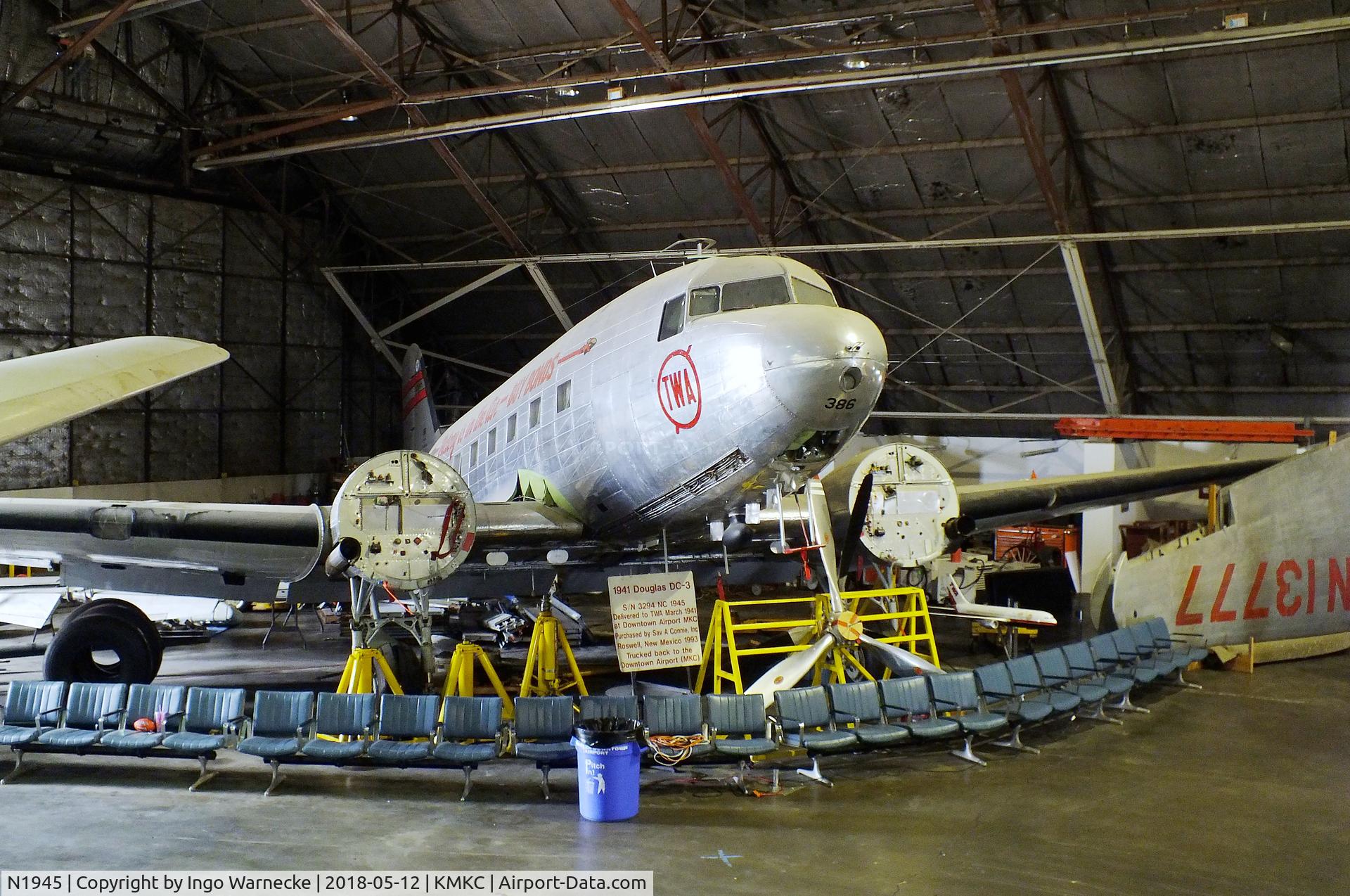 N1945, 1941 Douglas DC-3-G202A C/N 3294, Douglas DC-3 minus engines, undergoing maintenance at the Airline History Museum, Kansas City MO