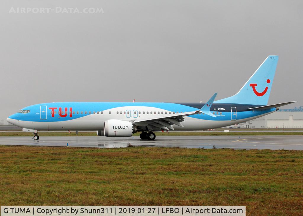 G-TUMA, 2018 Boeing 737-8 MAX C/N 44593, Taxiing to the terminal after landing rwy 32R