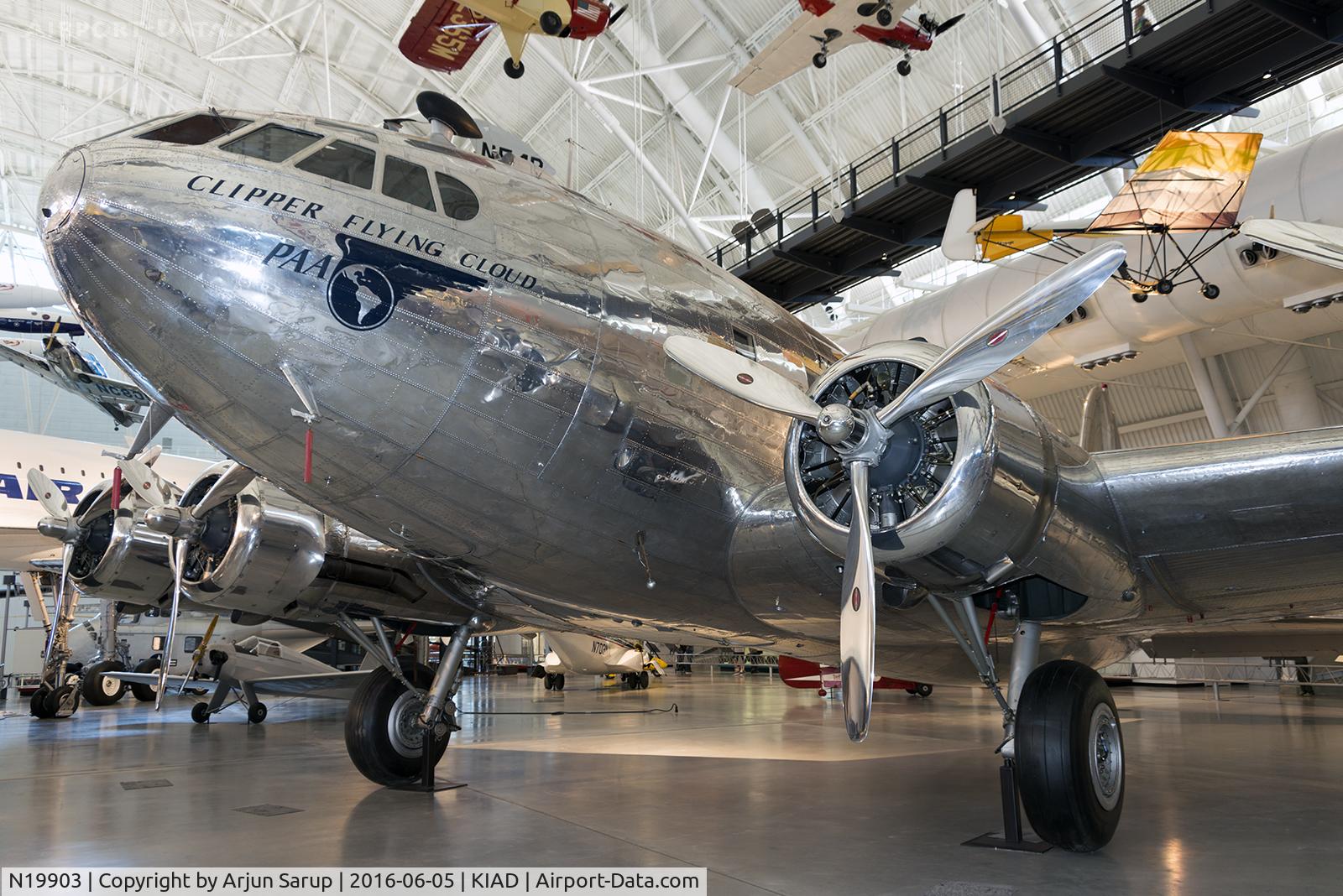 N19903, 1940 Boeing SA-307B-1 Stratoliner C/N 2003, “Clipper Flying Cloud” on display in the Boeing Aviation Hangar at Steven F. Udvar-Hazy Center.  Ten of these aircraft were built – the prototype was lost in a crash, five went to TWA, three went to Pan Am and Howard Hughes purchased one for his own use.