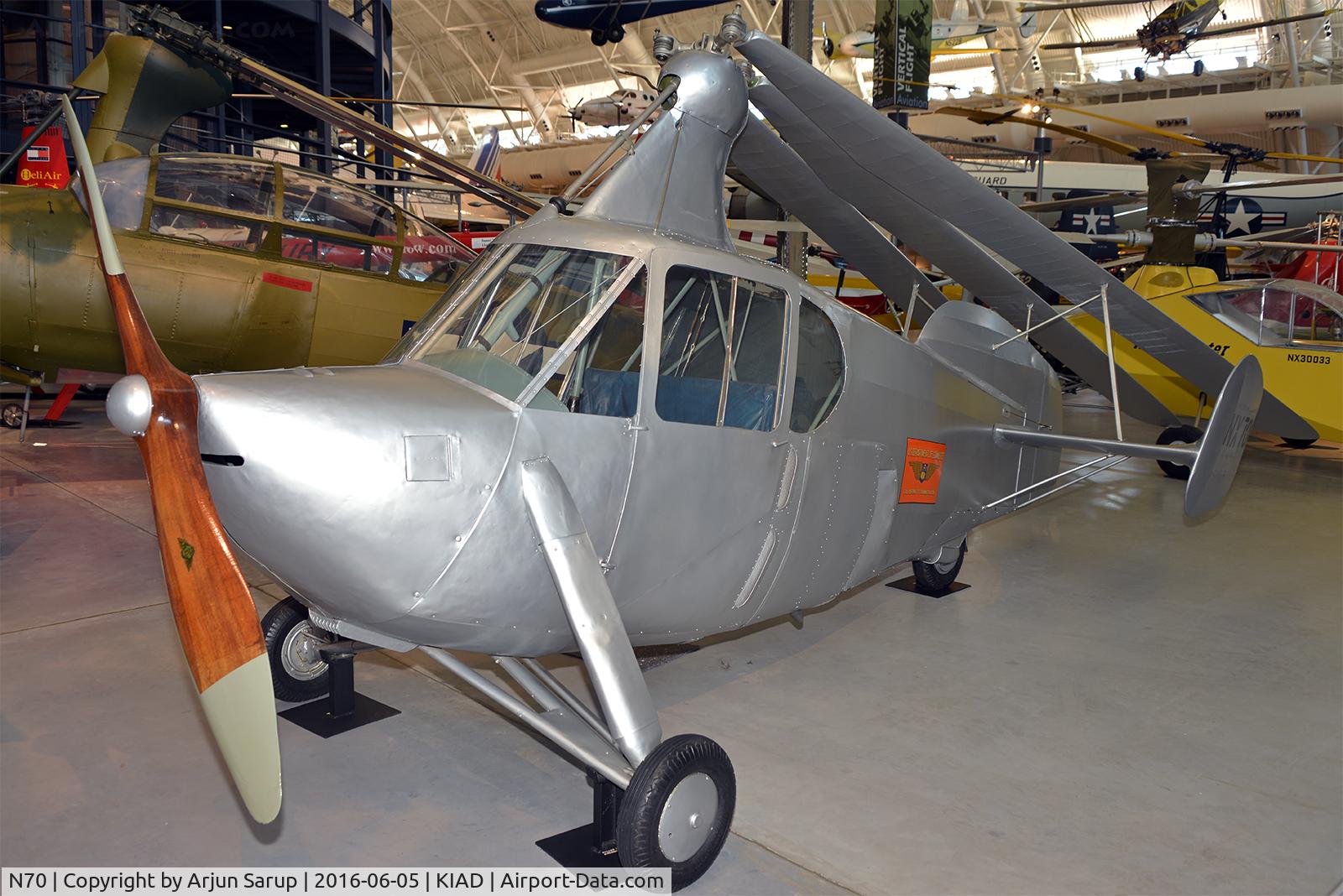 N70, 1936 Autogiro Company of America AC-35, On display at Steven F. Udvar-Hazy Center, National Air and Space Museum.  Intended to be an aerial “Model T” that could also be driven on the road, the price tag of $ 12,500 was too high for the average family.  Only one AC-35 was built.
