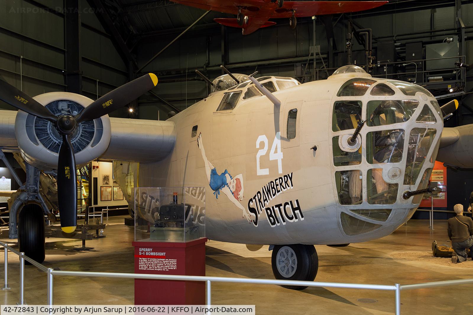 42-72843, 1942 Consolidated B-24D-160-CO Liberator C/N 2413, On display at the National Museum of the U.S. Air Force.  Built in San Diego, the Liberator was ferried to the 9th Air Force, where it was assigned to the 512th Bomb Squadron of the 376th BG.  “Strawberry Bitch” flew over 50 missions.