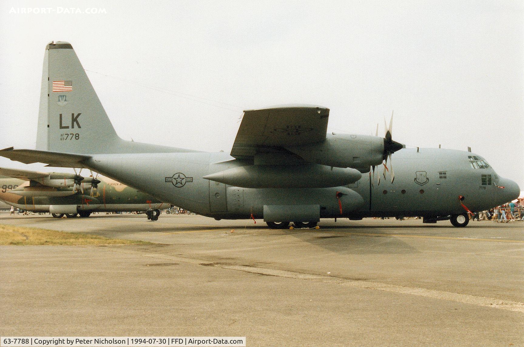 63-7788, 1963 Lockheed C-130E Hercules C/N 382-3855, C-130E Hercules, callsign Rhody 99, of 143rd Airlift Squadron Rhode Island ANG on display at the 1994 International Air Tattoo at RAF Fairford, Gloucestershire.