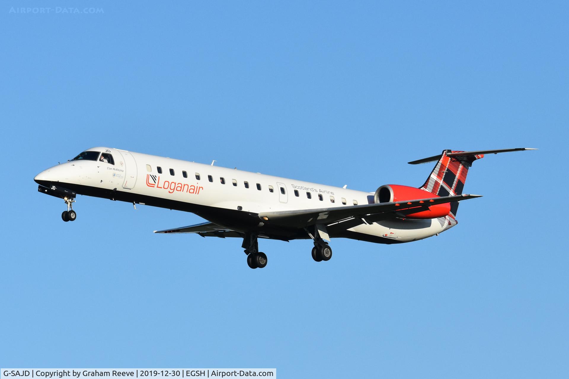 G-SAJD, 2001 Embraer EMB-145EP (ERJ-145EP) C/N 145454, Landing at Norwich.