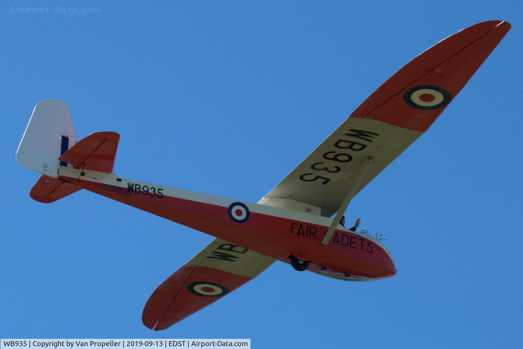 WB935, 1948 Slingsby T-21B Sedbergh C/N 602, Slingsby T.21B Sedbergh TX Mk.1 flying at Hahnweide airfield, Germany, during OTT 2019. Note text 