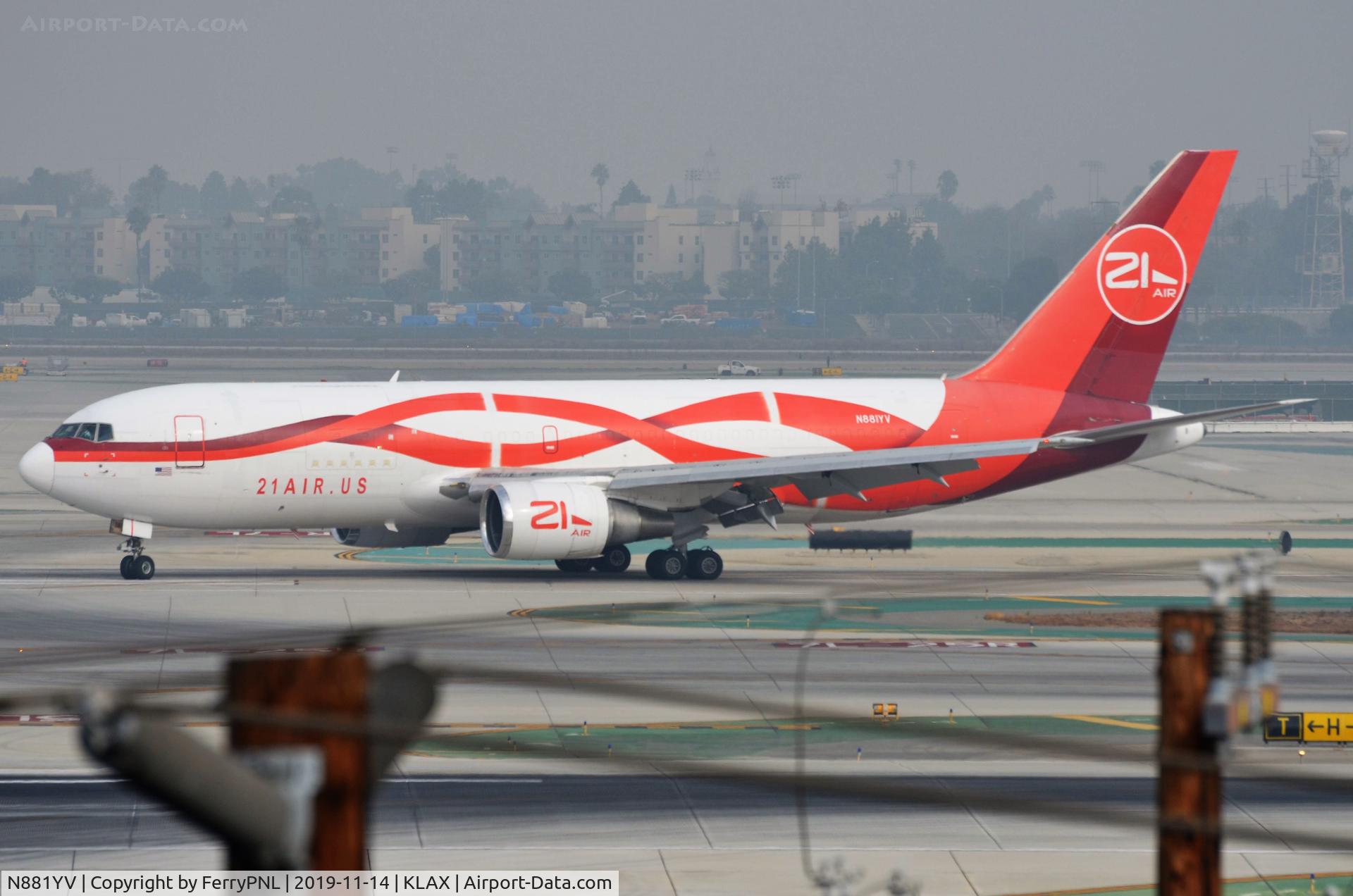 N881YV, 1986 Boeing 767-241/ER C/N 23803, 21Air B762F crossing the runway after arrival from Mexico.