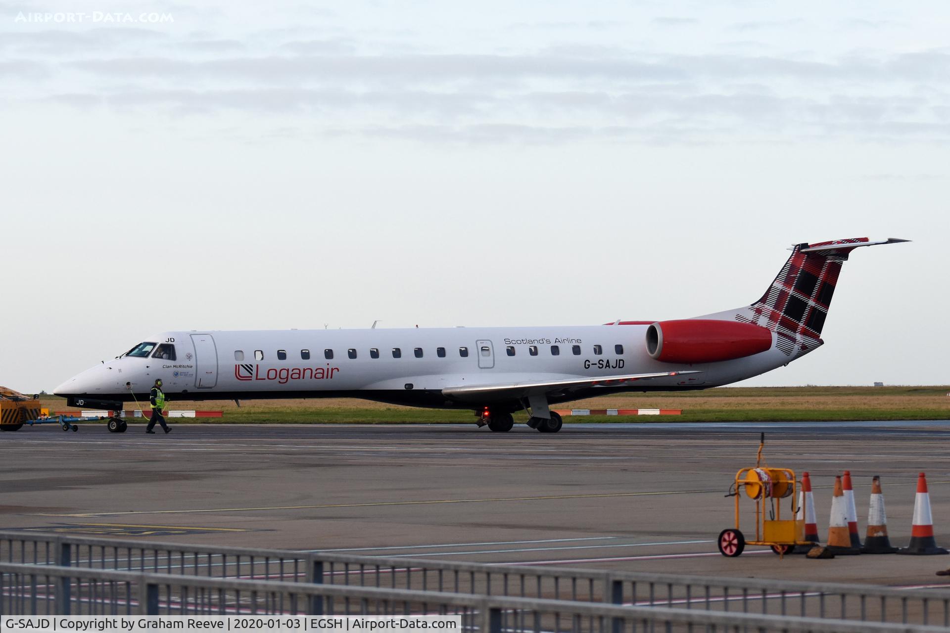 G-SAJD, 2001 Embraer EMB-145EP (ERJ-145EP) C/N 145454, Departing from Norwich.