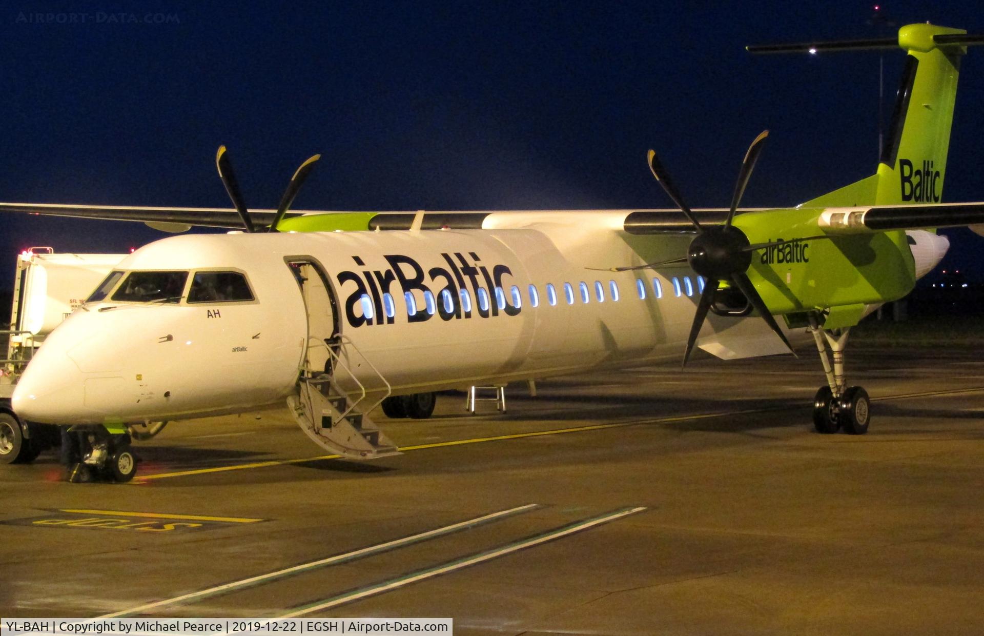 YL-BAH, 2010 De Havilland Canada DHC-8-402Q Dash 8 C/N 4296, On Stand 5 preparing for departure home to Riga (RIX), following respray by Air Livery.