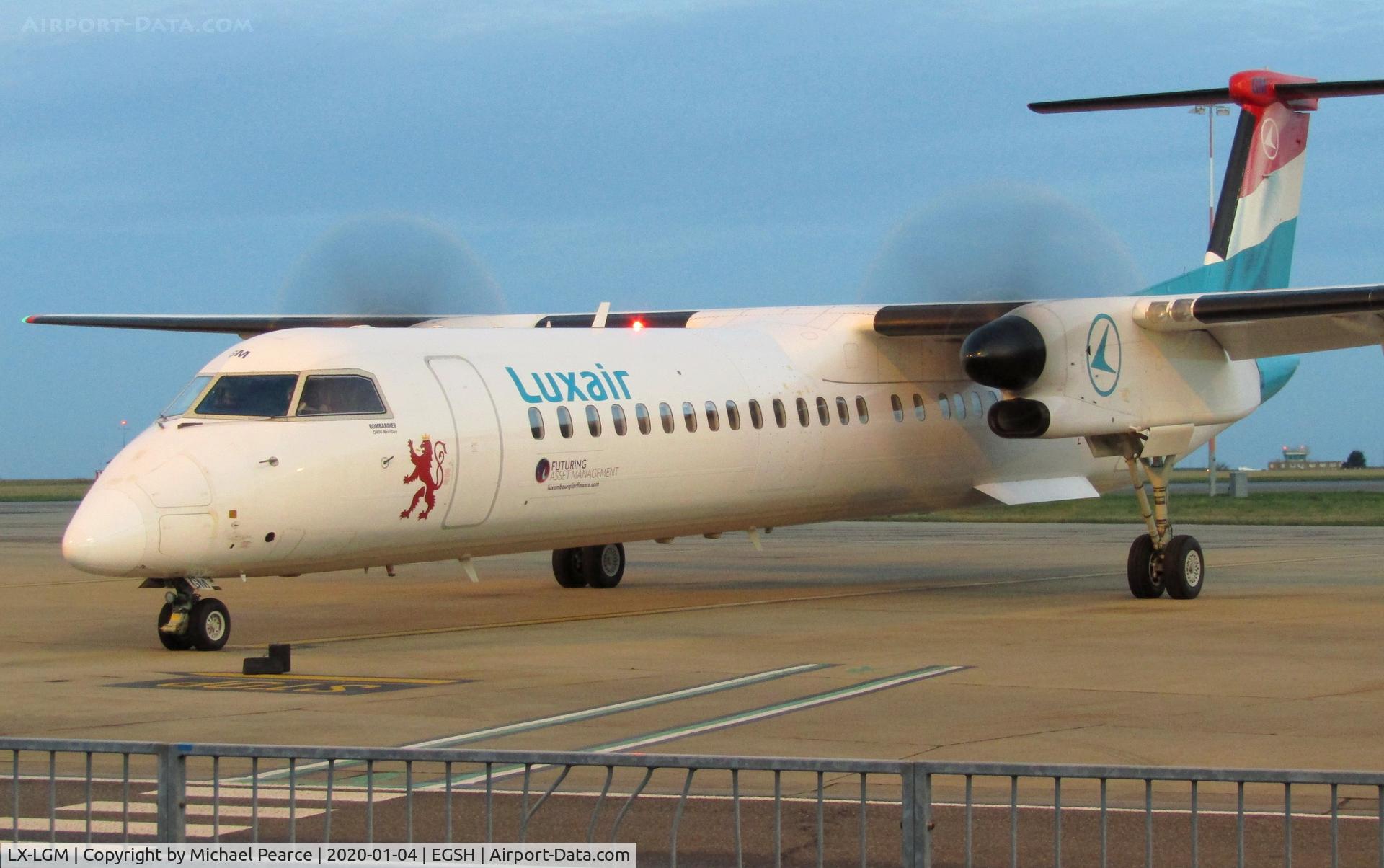 LX-LGM, 2012 De Havilland Canada DHC-8-402Q Dash 8 C/N 4425, Arriving on Stand 5 from Luxembourg (LUX), for respray by Air Livery.