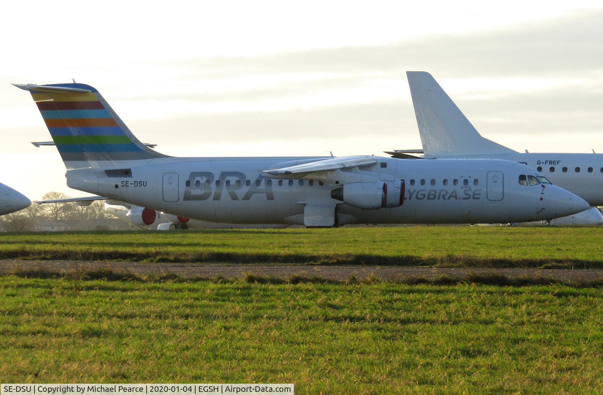 SE-DSU, 1994 British Aerospace Avro 146-RJ100 C/N E3248, Stored on the North Side following retirement from BRA service. Arrived at Norwich on 2nd November 2019.