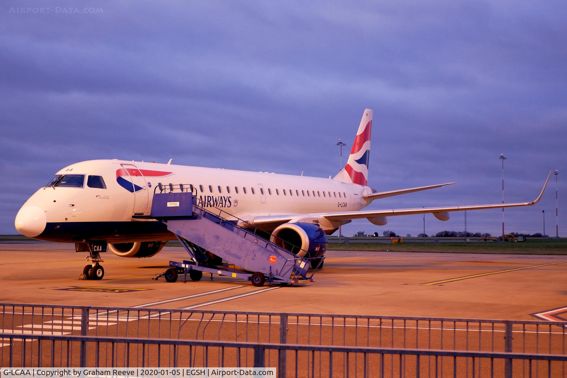 G-LCAA, 2011 Embraer 190LR (ERJ-190-100LR) C/N 19000456, Parked at Norwich.