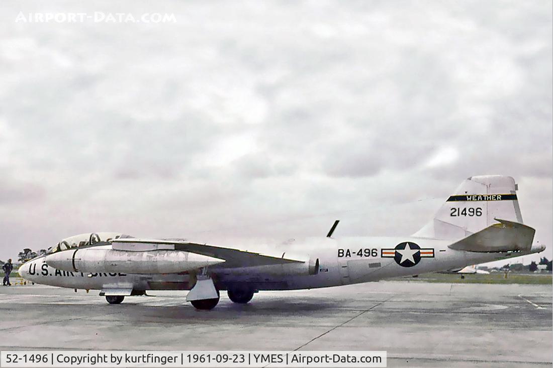 52-1496, 1952 Martin B-57B-MA Canberra C/N 1496, Martin B-57B 52-1496  BA-496 September 1961 RAAF Base East Sale. This B-57B like the other B-57B seen at East Sale showed the type designation as NB-57B. This B-57B sadly crashed at RAAF Base Laverton with the loss of the crew 1962-09-17.