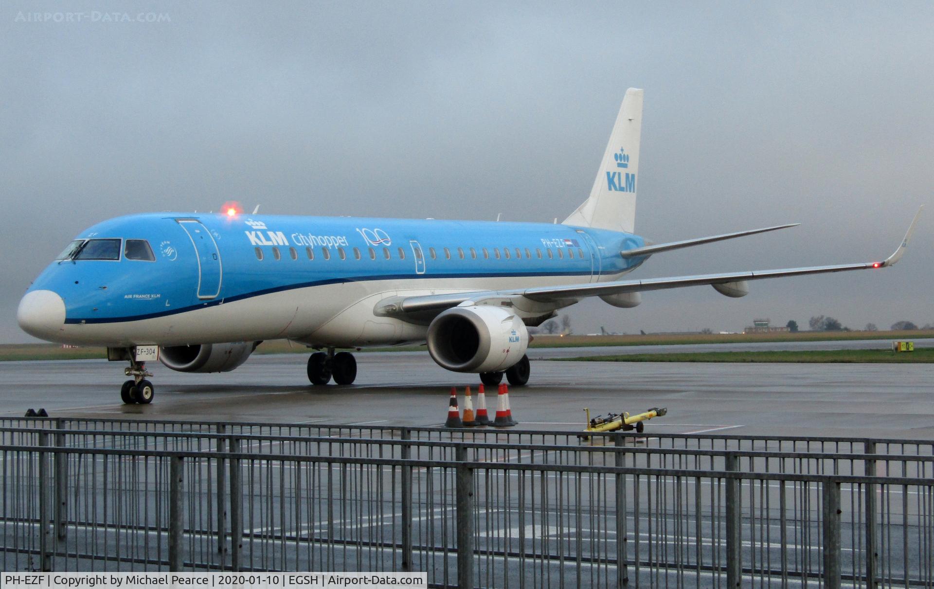 PH-EZF, 2009 Embraer 190LR (ERJ-190-100LR) C/N 19000304, Arriving on Stand 4 from Amsterdam (AMS).