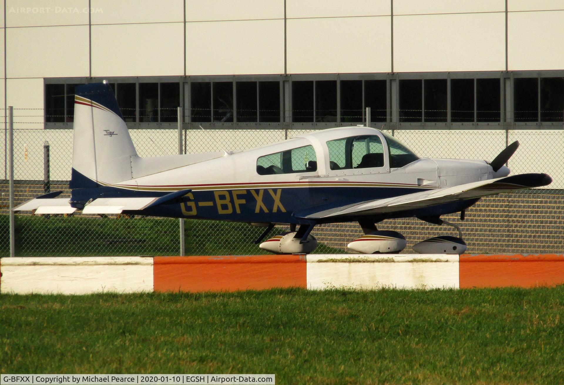 G-BFXX, 1978 Gulfstream American AA-5B Tiger C/N AA5B-0917, Parked on the SaxonAir apron shortly after arrival from North Weald (EGSX).