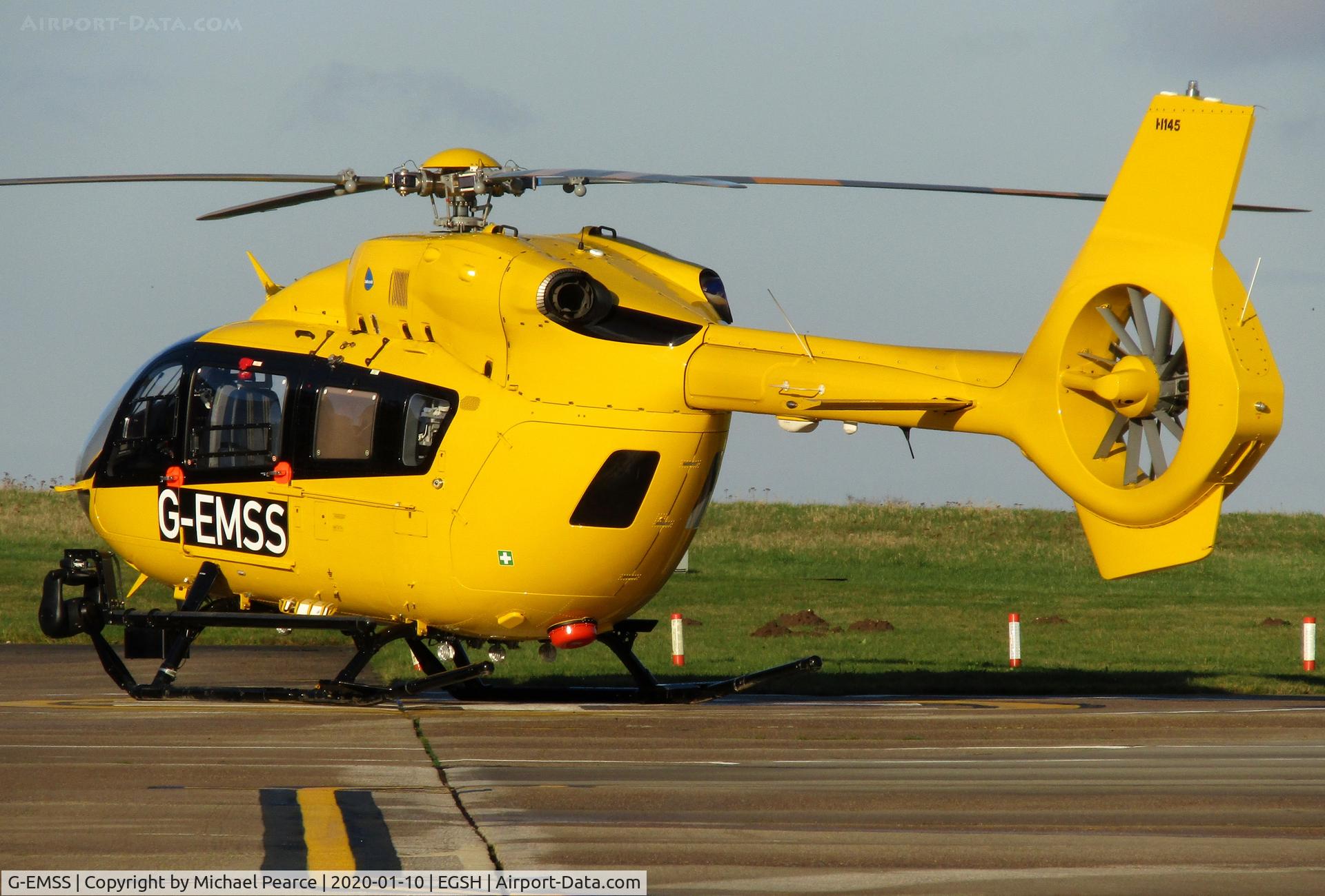 G-EMSS, 2018 Airbus Helicopters EC-145T-2 (BK-117D-2) C/N 20217, Parked outside the East Anglian Air Ambulance hangar awaiting her next mission. Operated by Babcock MCS in place of G-RESU.