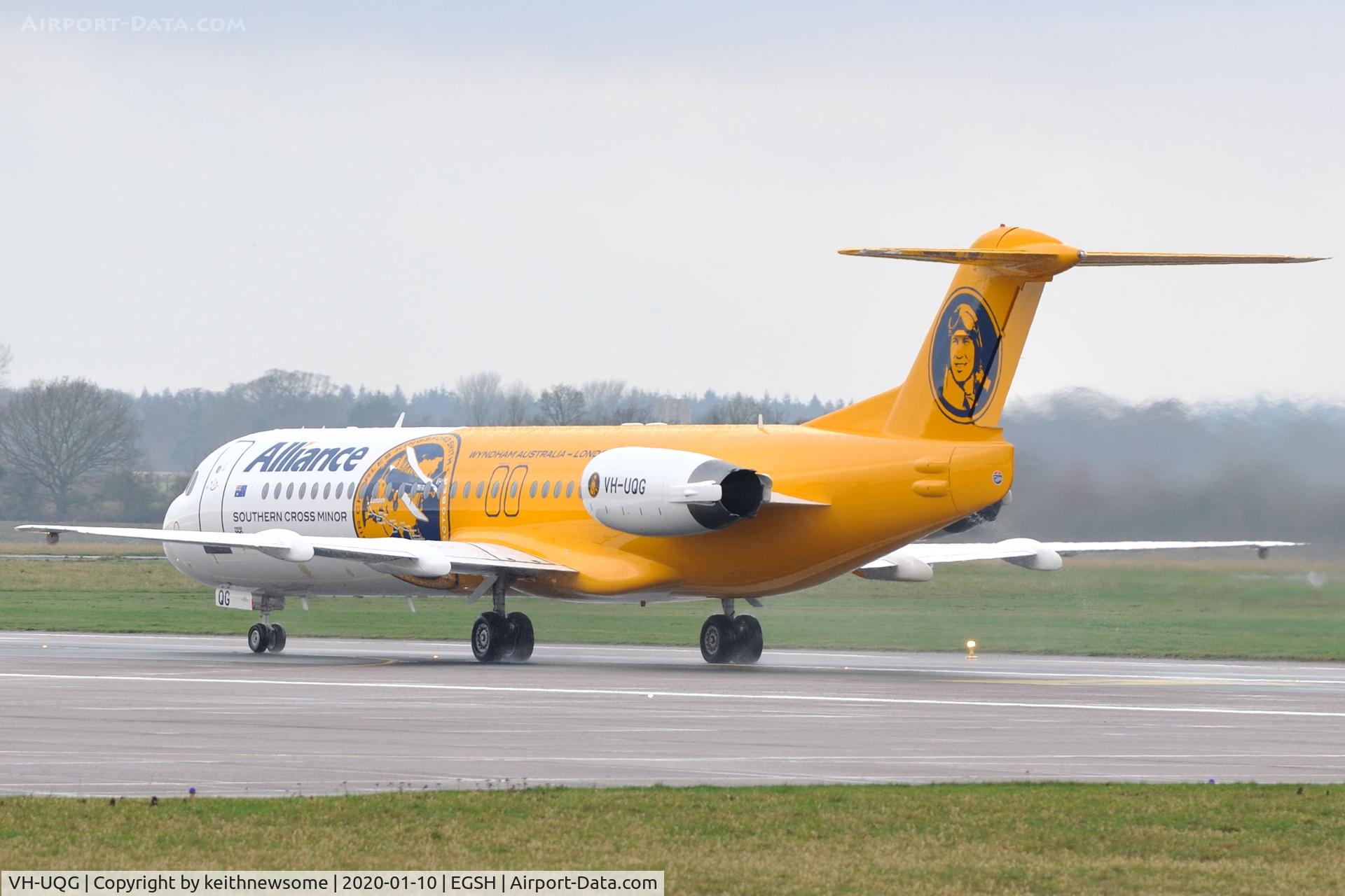 VH-UQG, 1994 Fokker 100 (F-28-0100) C/N 11520, Leaving Norwich for Bratislava.