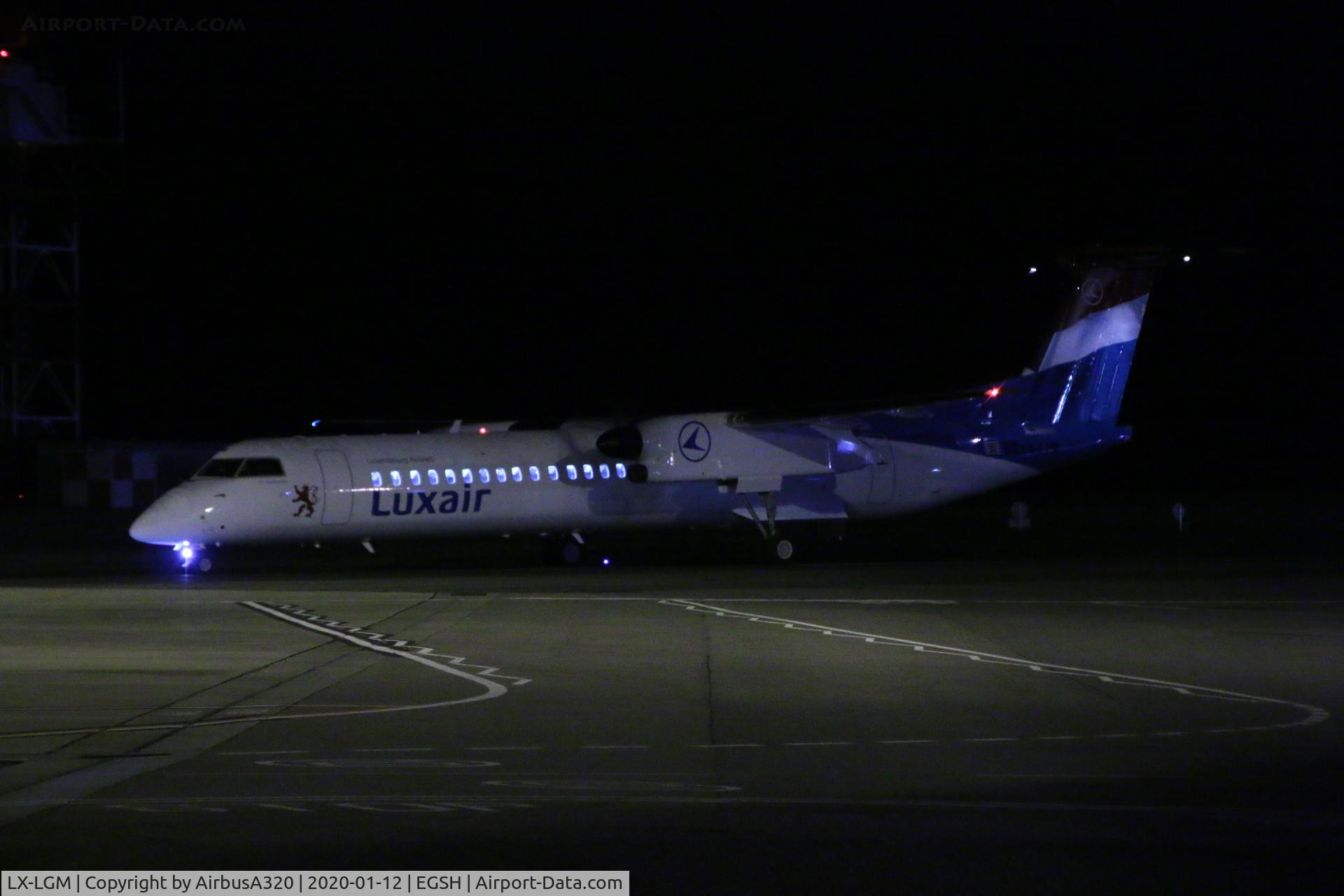 LX-LGM, 2012 De Havilland Canada DHC-8-402Q Dash 8 C/N 4425, Departing Norwich following a repaint