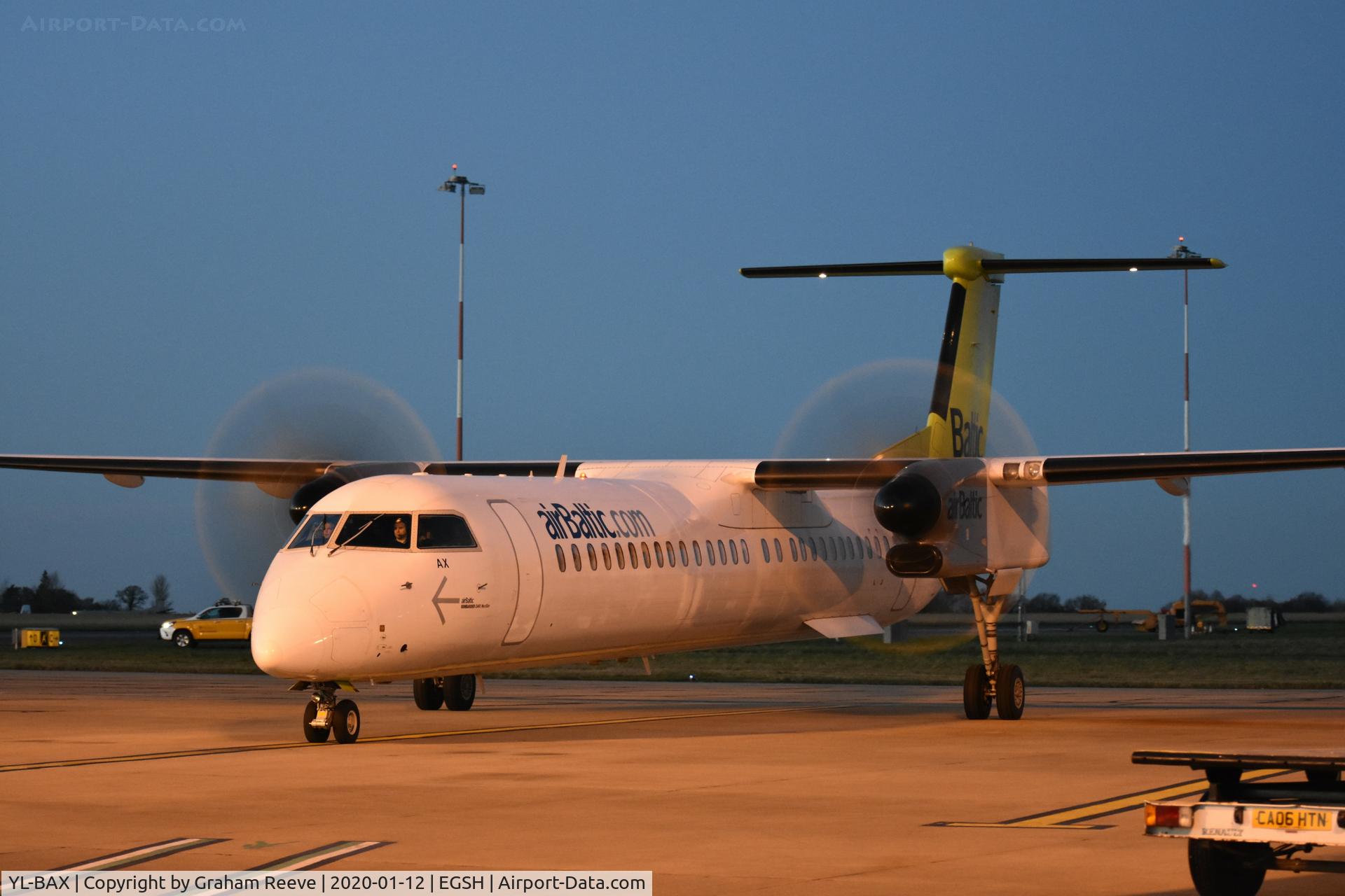 YL-BAX, 2010 De Havilland Canada DHC-8-402Q Dash 8 C/N 4324, Just landed at Norwich.