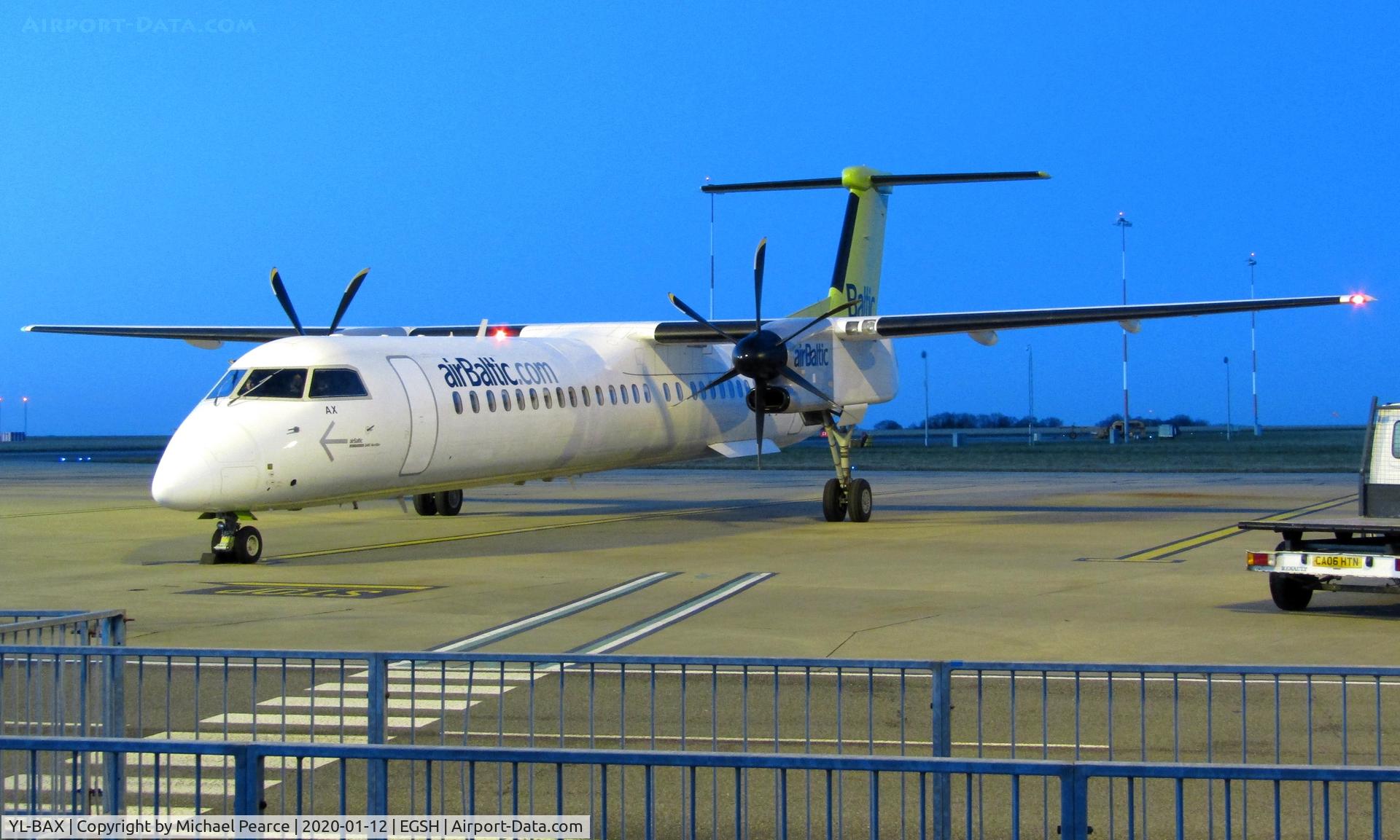YL-BAX, 2010 De Havilland Canada DHC-8-402Q Dash 8 C/N 4324, On Stand 5 following arrival from Riga (RIX) for respray.