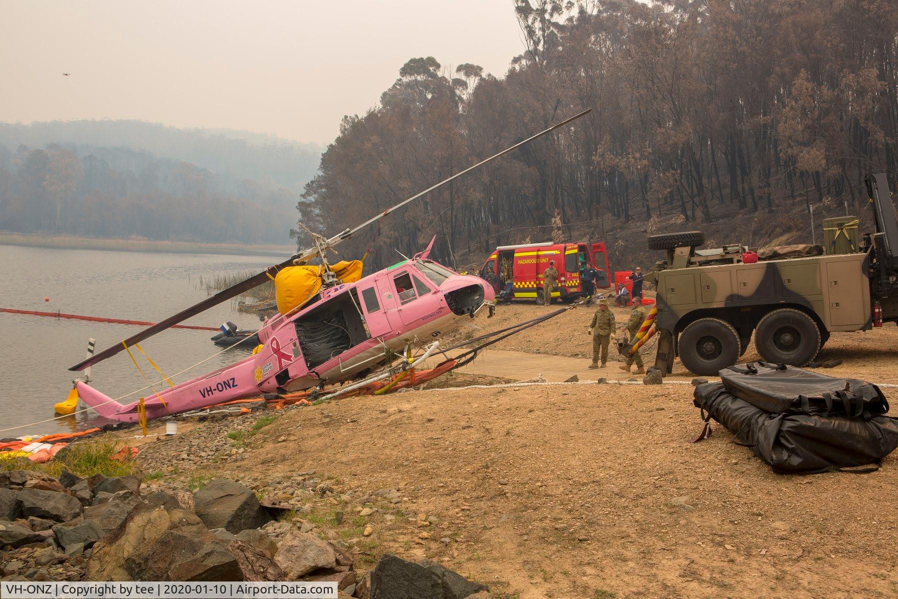 VH-ONZ, 1966 Bell UH-1H Iroquois C/N 5229, vh-onz in ditching accident january 2020 australia, near Eden NSW. Pilot survived minor injuries.