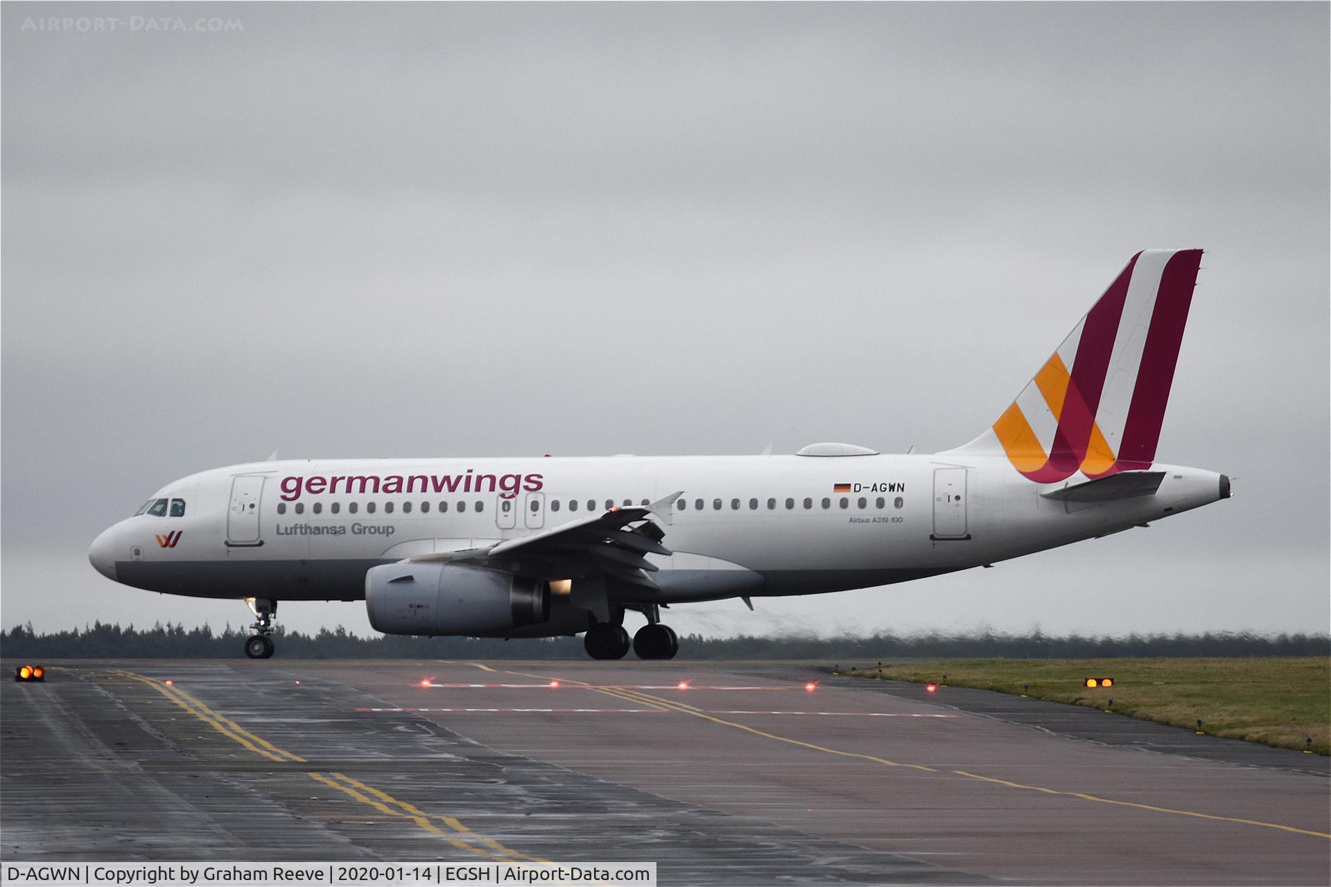 D-AGWN, 2009 Airbus A319-132 C/N 3841, Just landed at Norwich.