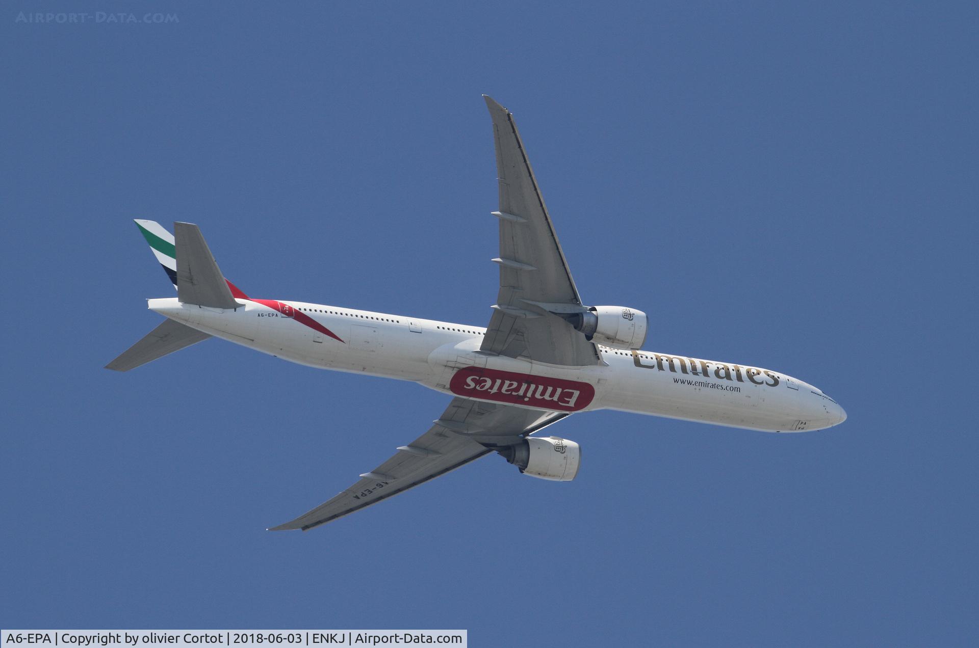 A6-EPA, 2015 Boeing 777-31H/ER C/N 42320, flying over Kjeller, Norway