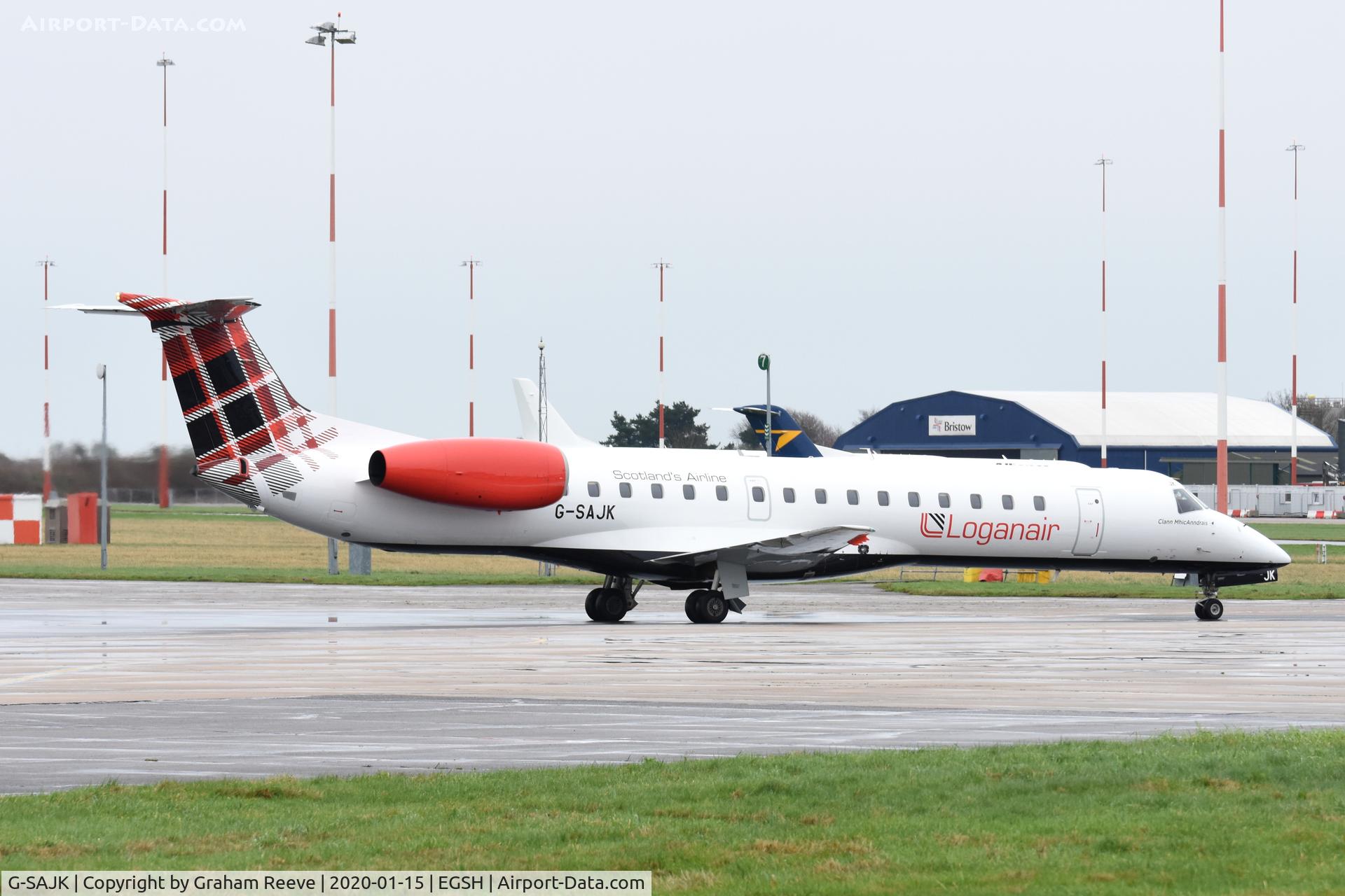 G-SAJK, 1999 Embraer EMB-145EP (ERJ-145EP) C/N 145153, Departing from Norwich.