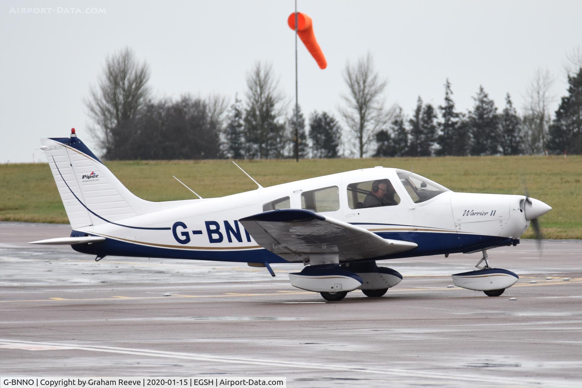 G-BNNO, 1981 Piper PA-28-161 Cherokee Warrior II C/N 28-8116099, Departing from Norwich.