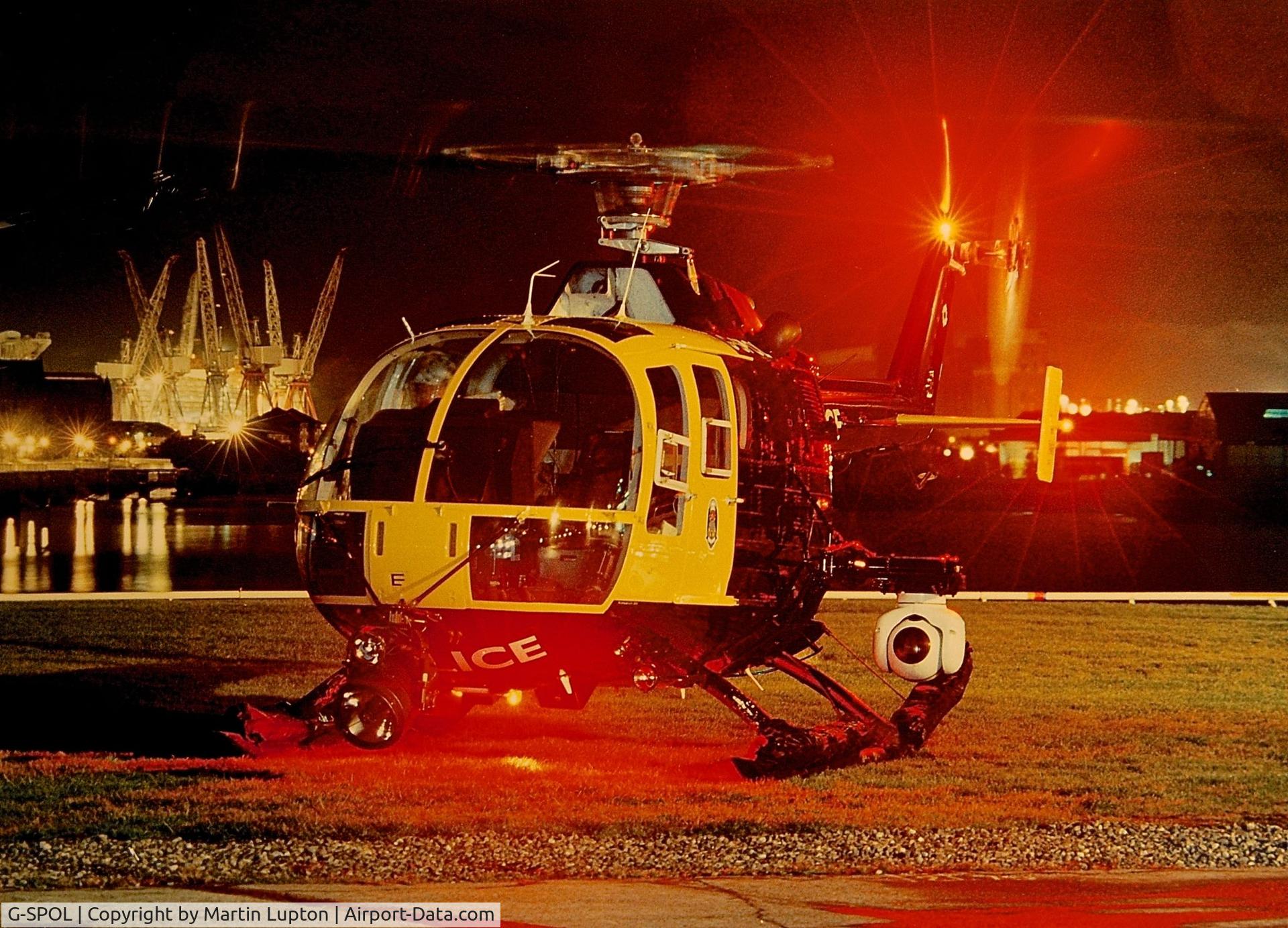 G-SPOL, 1979 MBB Bo-105DBS-4 C/N S-392, At her base at the Helipad on the banks of the Clyde in Glasgow mid 90's.
