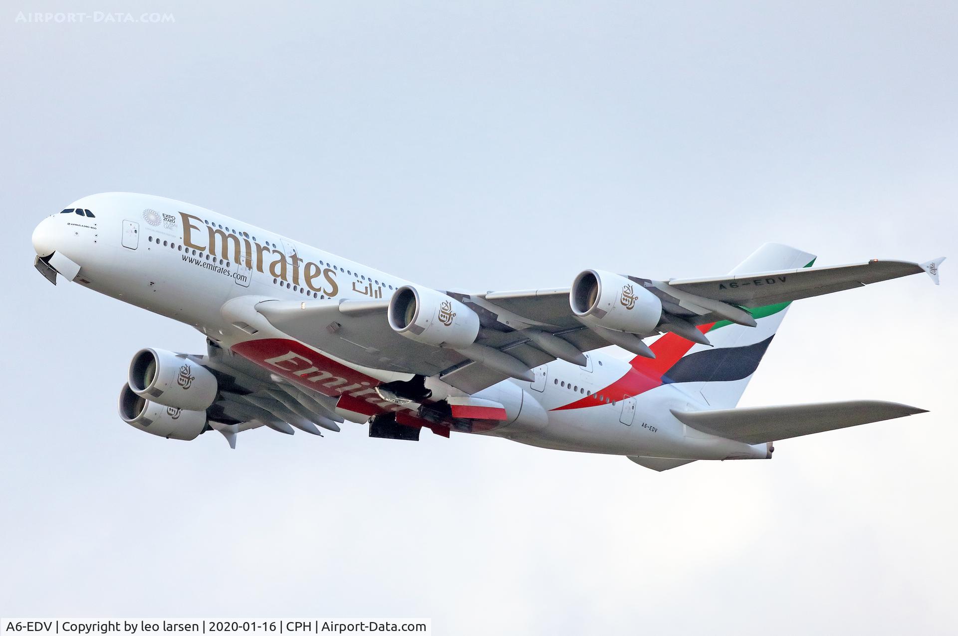 A6-EDV, 2011 Airbus A380-861 C/N 101, Copenhagen 16.1.2020 T/O R-22L