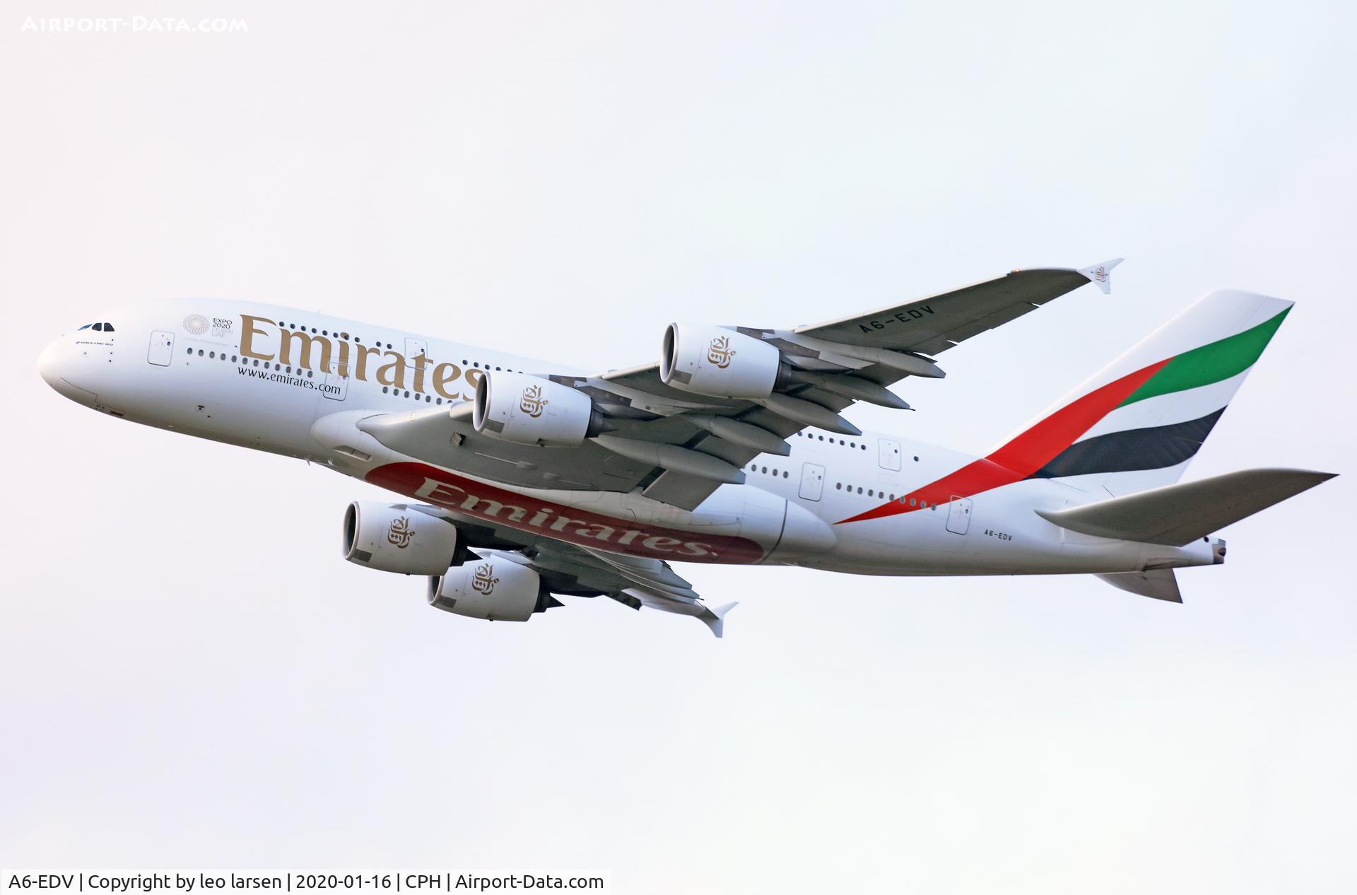 A6-EDV, 2011 Airbus A380-861 C/N 101, Copenhagen 16.1.2020 T/O R-22L