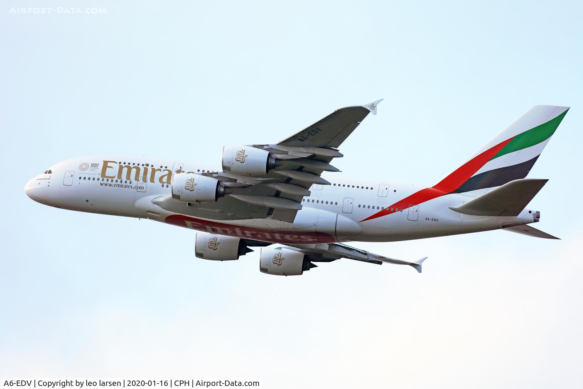 A6-EDV, 2011 Airbus A380-861 C/N 101, Copenhagen 16.1.2020 T/O R-22L