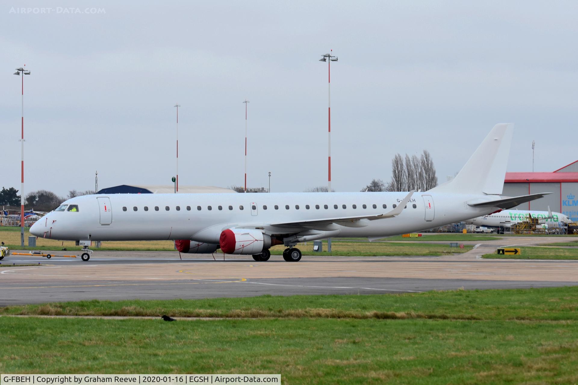 G-FBEH, 2007 Embraer 195LR (ERJ-190-200LR) C/N 19000128, Under tow at Norwich.
