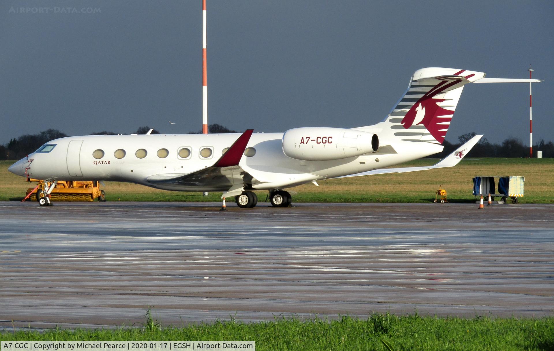 A7-CGC, 2015 Gulfstream G-VI (G650ER) C/N 6179, Parked on Stand 7 following a rain shower. Arrived from Paris (LBG) two days before.