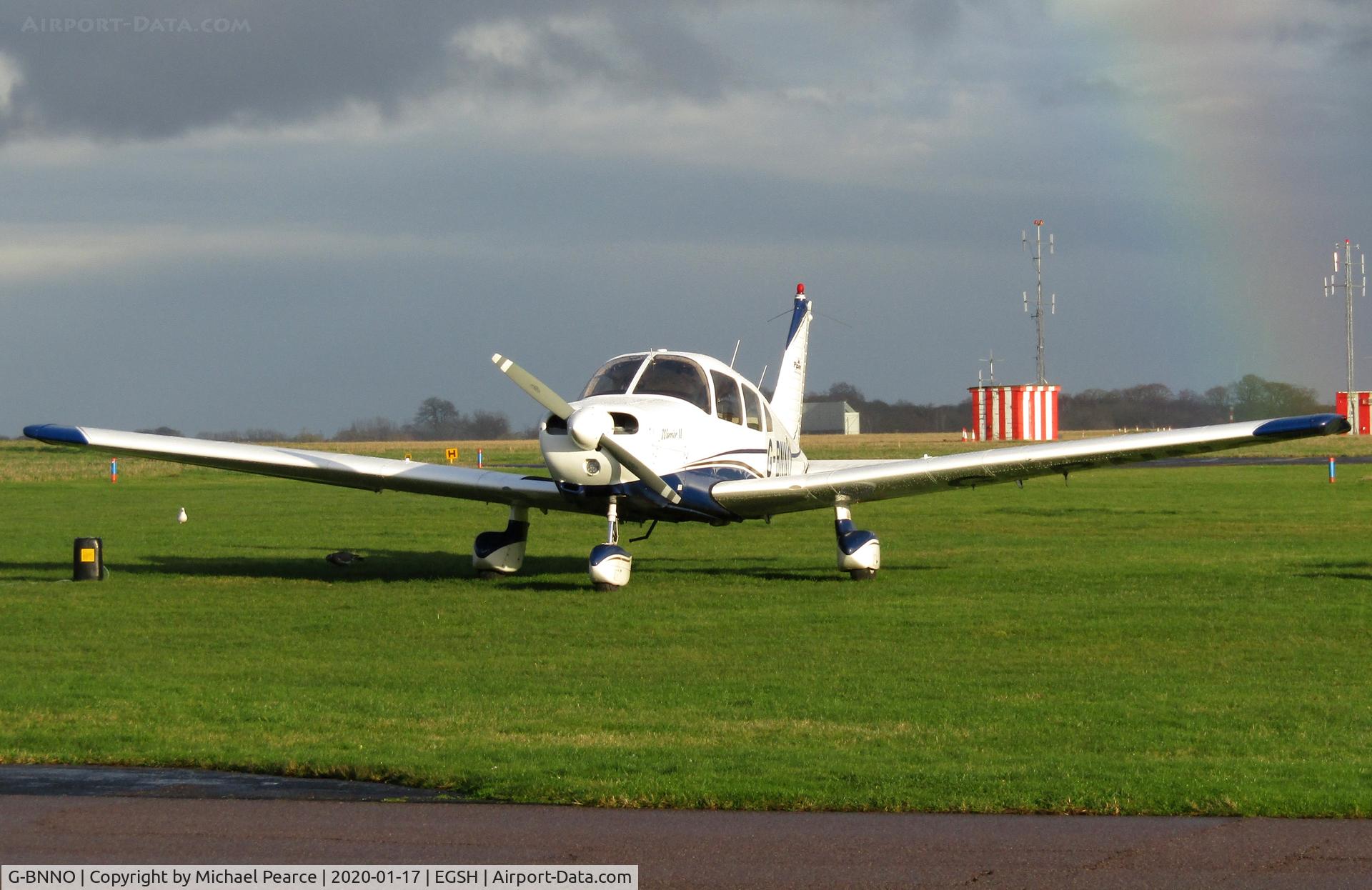 G-BNNO, 1981 Piper PA-28-161 Cherokee Warrior II C/N 28-8116099, Parked on the Western Apron following a rain shower.