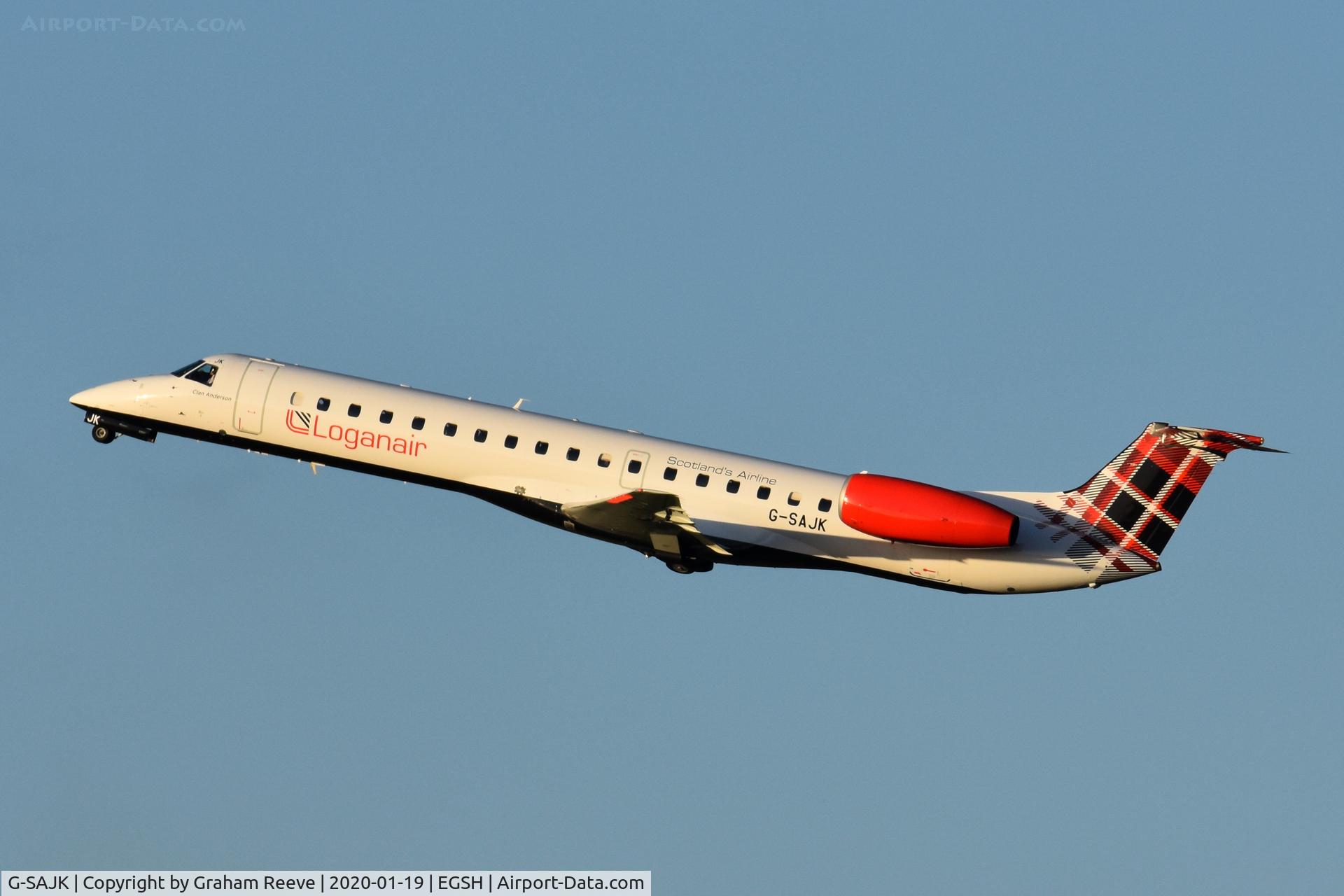 G-SAJK, 1999 Embraer EMB-145EP (ERJ-145EP) C/N 145153, Departing from Norwich.