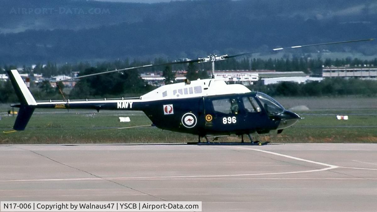 N17-006, 1971 Bell 206B-1 C/N 44506, Stbd side view of RAN Bell 206B-1 Kiowa N17-006 Cn 44506 Code 896 at RAAF Fairbairn (YSCB) in August 1991. Nowra courier (Squadron Comms aircraft) - ‘Australia Post’ logo on the rear fuselage.