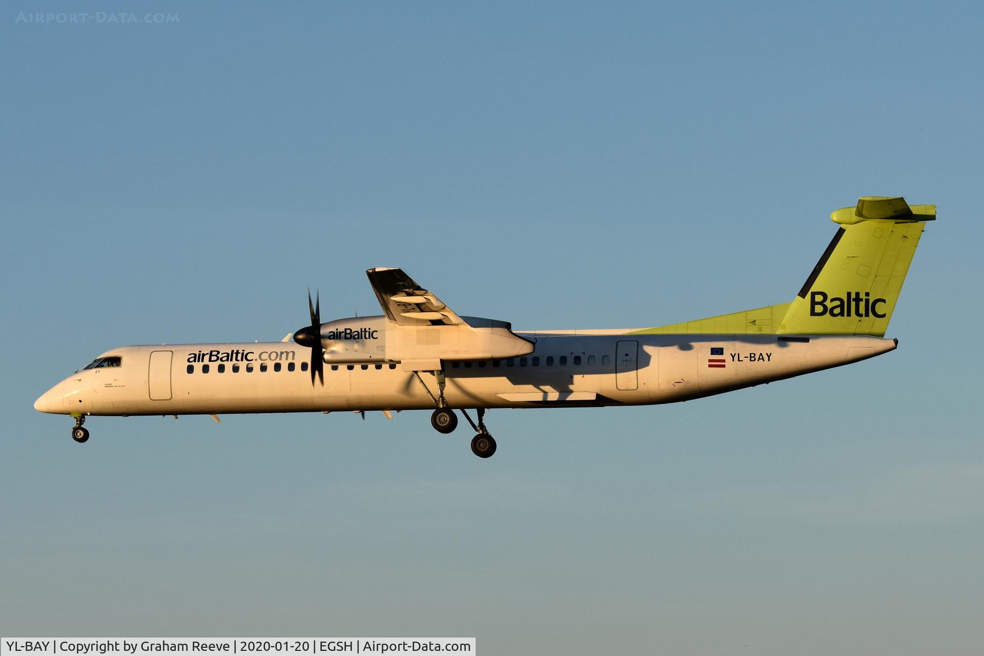 YL-BAY, 2010 De Havilland Canada DHC-8-402Q Dash 8 C/N 4331, Landing at Norwich.