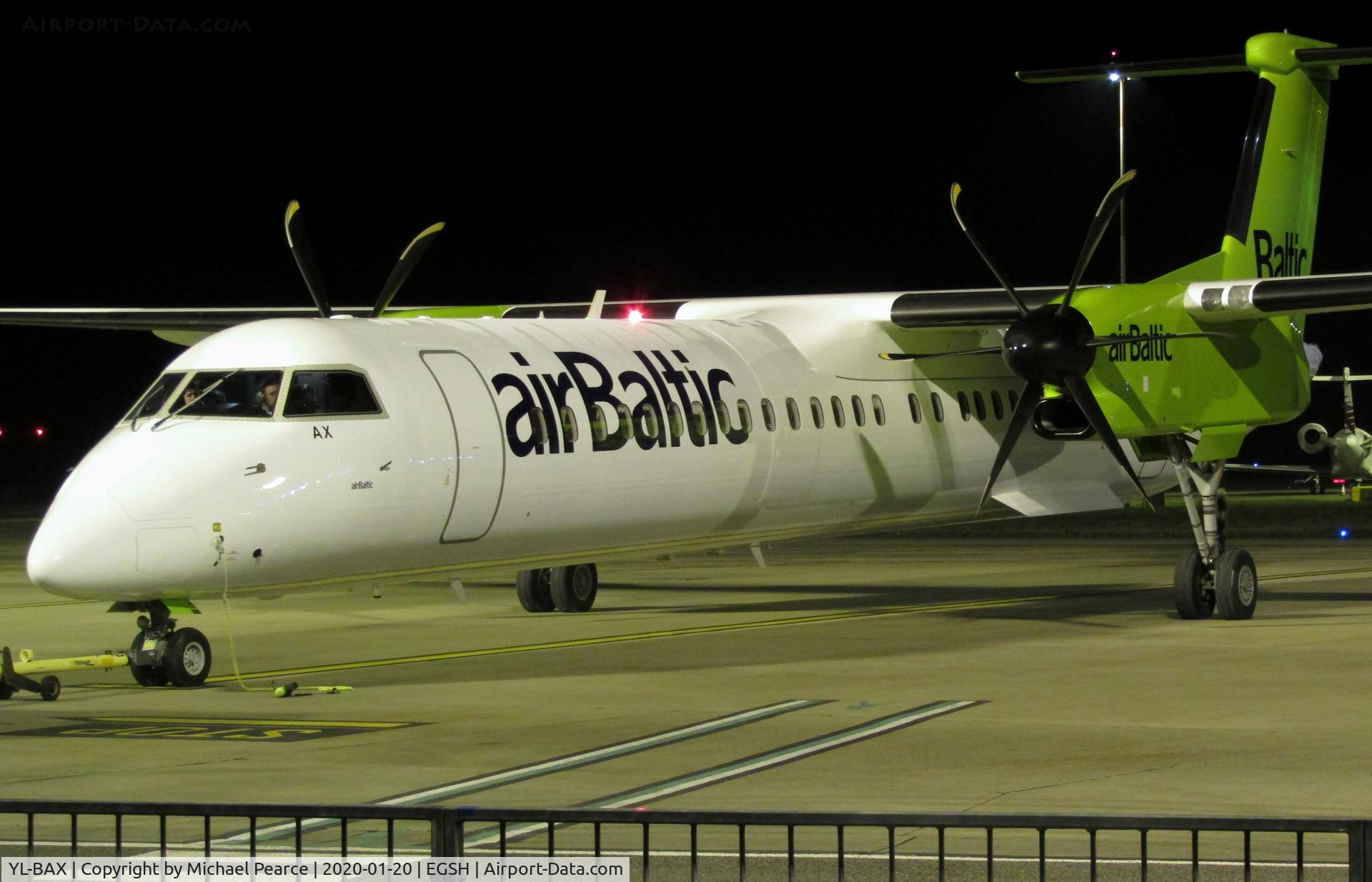 YL-BAX, 2010 De Havilland Canada DHC-8-402Q Dash 8 C/N 4324, Preparing to push back from Stand 5 for departure home to Riga (RIX), following respray by Air Livery.