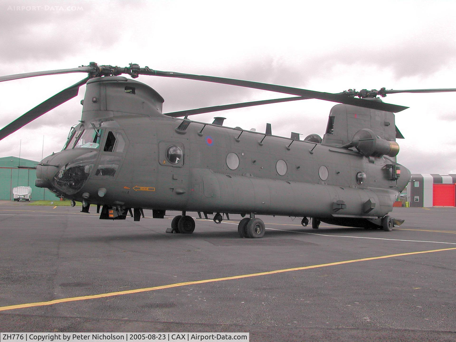 ZH776, Boeing Vertol Chinook HC.2 C/N M4452, Chinook HC.2, Callsign Twister 1, of 27 Squadron on a Qualified Helicopter Tactics Instructor course seen at Carlisle in August 2005.
