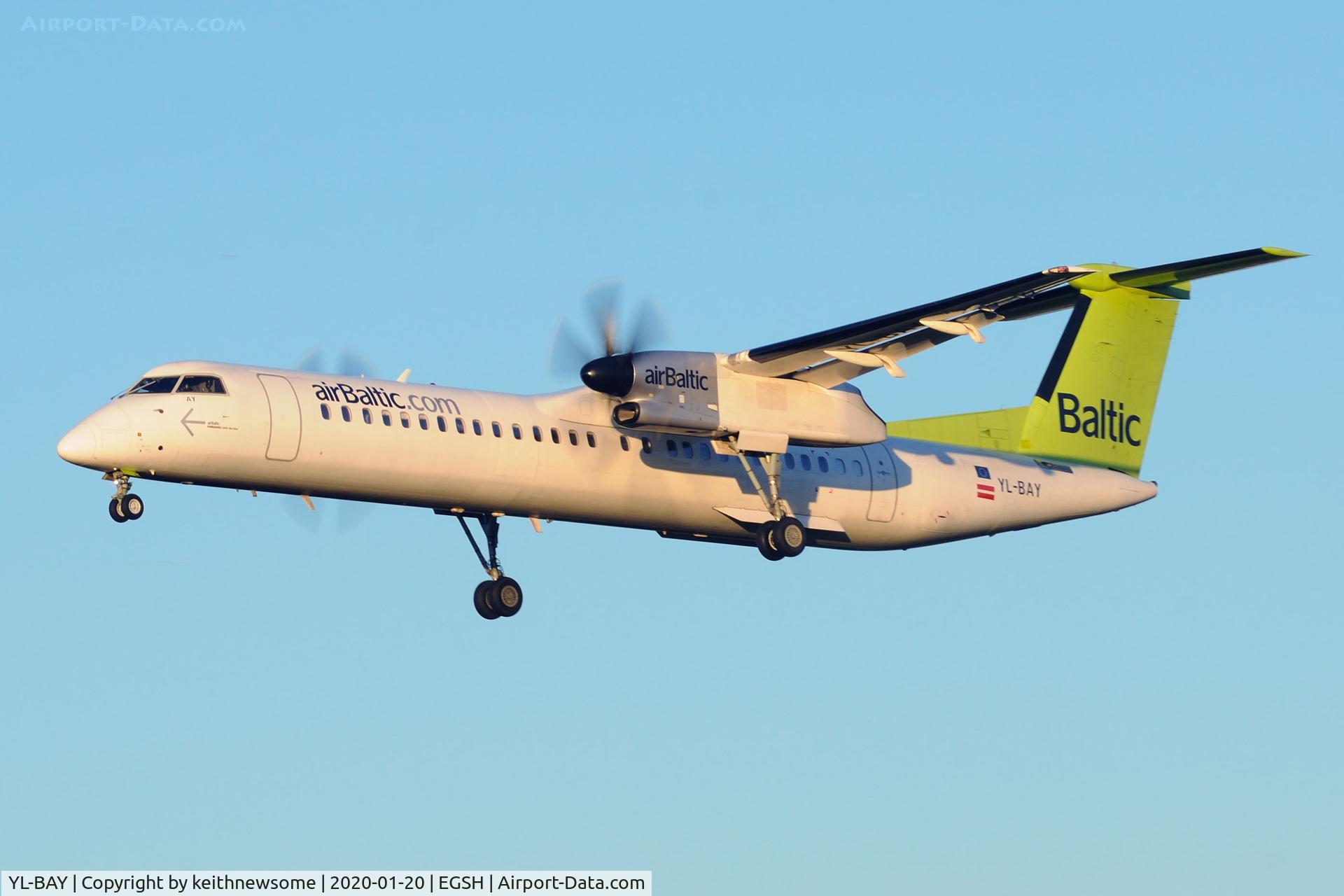 YL-BAY, 2010 De Havilland Canada DHC-8-402Q Dash 8 C/N 4331, Arriving at Norwich from Riga, Latvia.