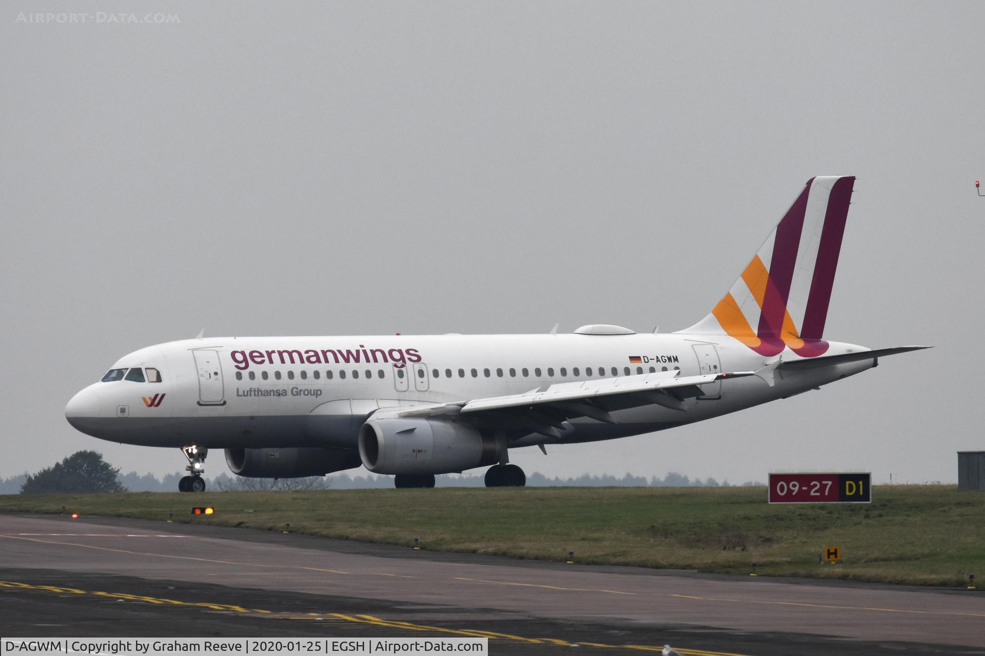 D-AGWM, 2009 Airbus A319-132 C/N 3839, Just landed at Norwich.