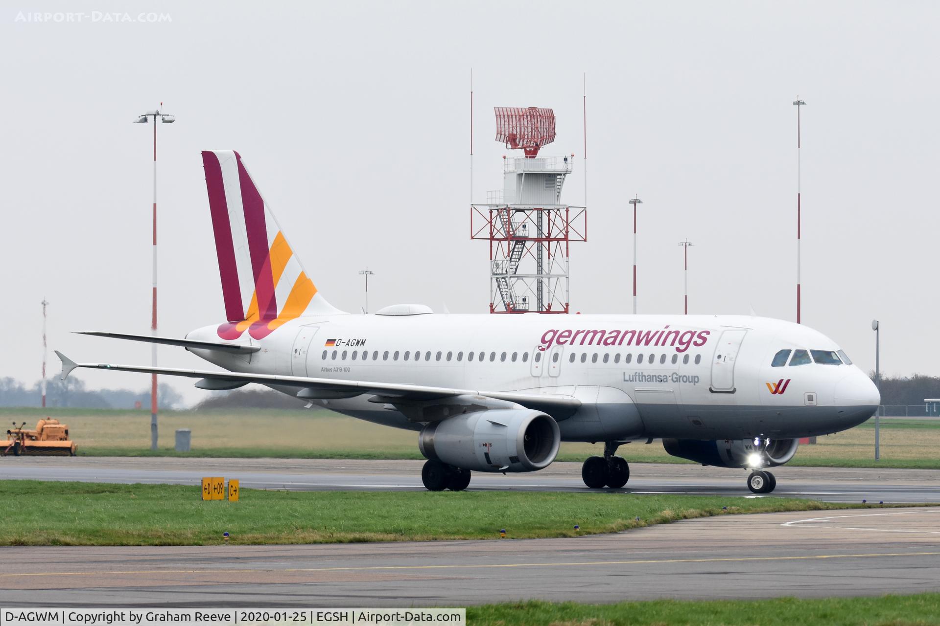 D-AGWM, 2009 Airbus A319-132 C/N 3839, Just landed at Norwich.