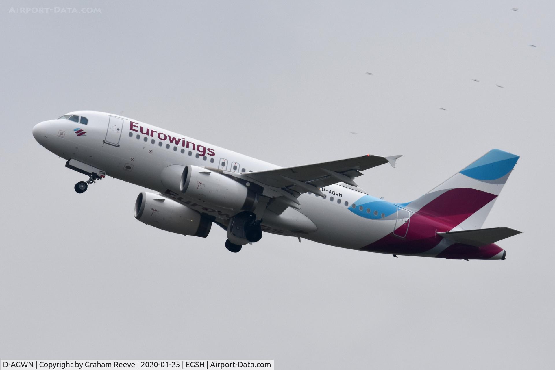 D-AGWN, 2009 Airbus A319-132 C/N 3841, Departing from Norwich.