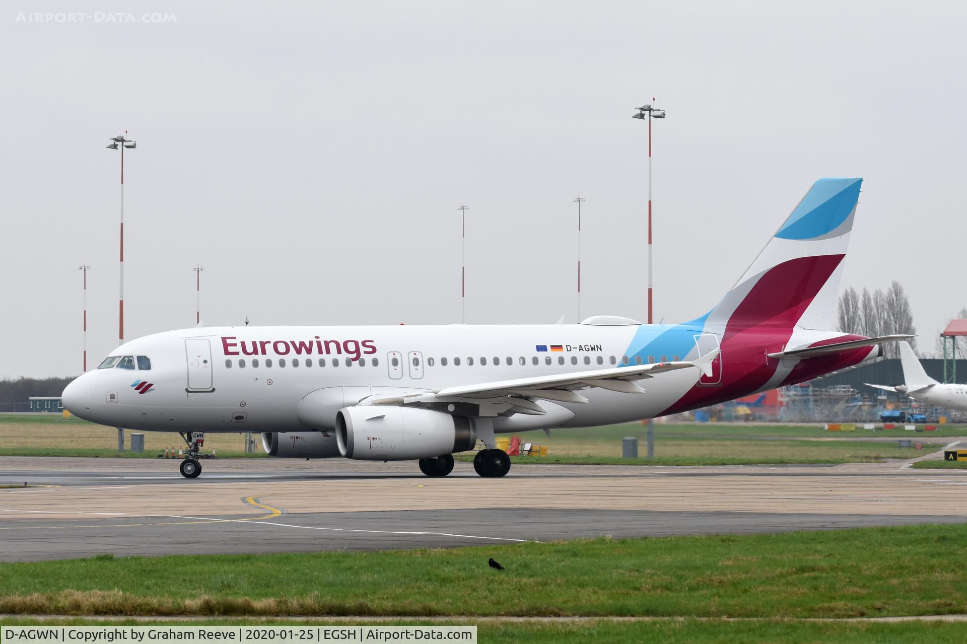 D-AGWN, 2009 Airbus A319-132 C/N 3841, Departing from Norwich.