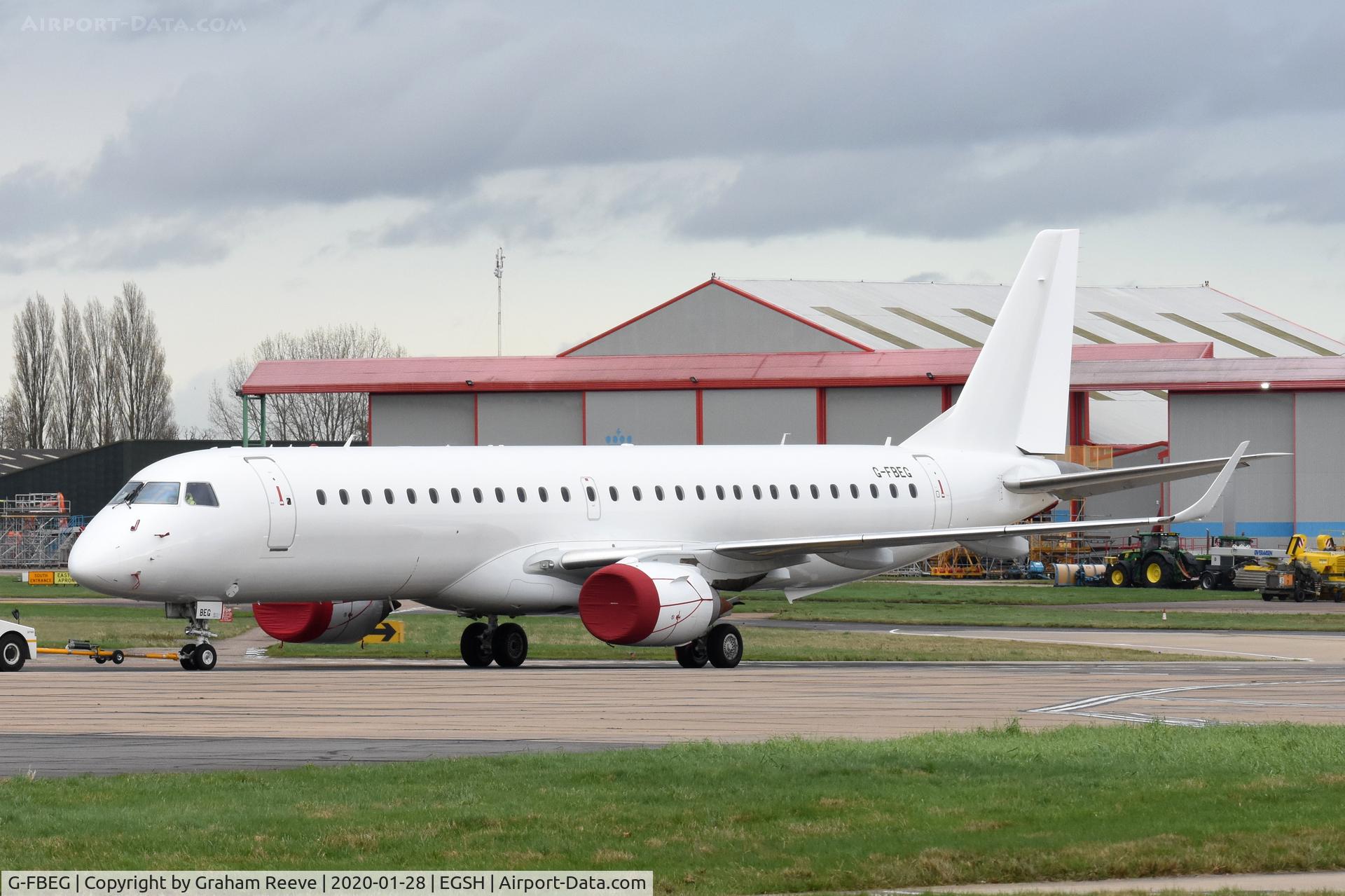 G-FBEG, 2007 Embraer 195LR (ERJ-190-200LR) C/N 19000120, Under tow at Norwich.