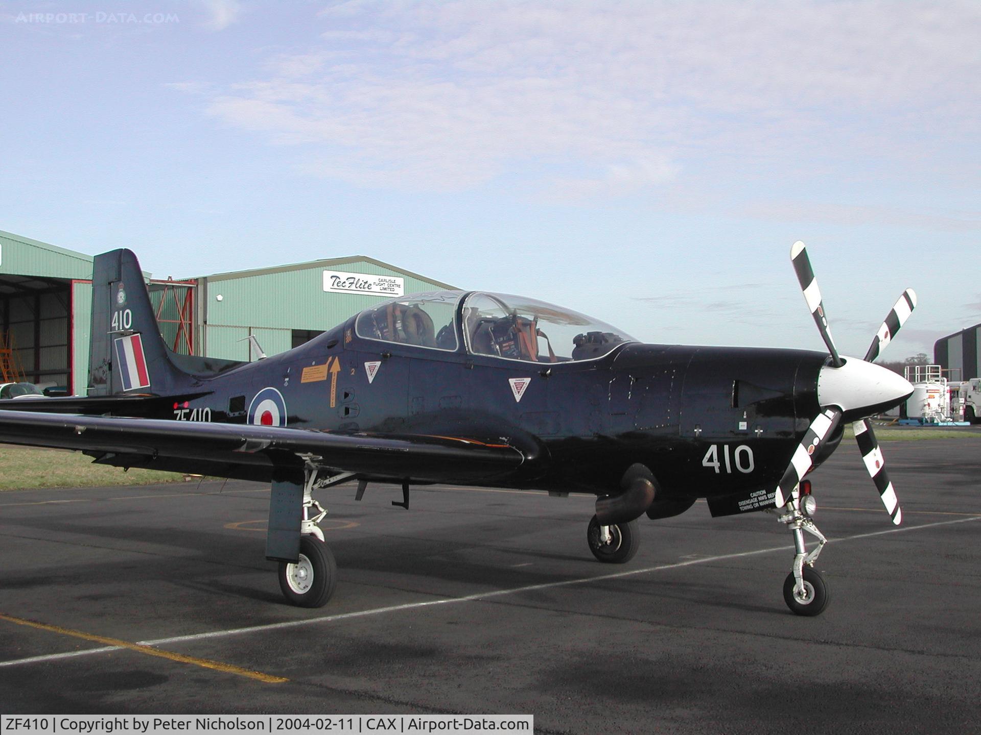 ZF410, 1992 Short S-312 Tucano T1 C/N S129/T100, Tucano T.1, callsign LOP 34,  of 1 Flying Training School at RAF Linton-on-Ouse visiting Carlisle in February 2004.